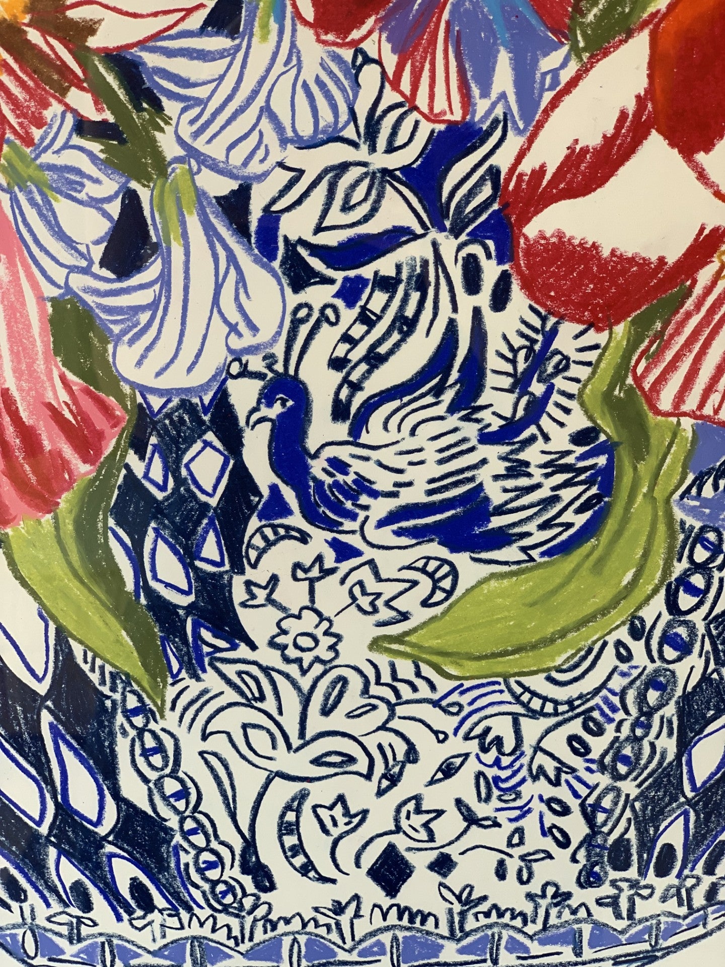 Ochre and Red Tulips - Delft Pot Oil Pastel Collaged by Isabel Fishlock