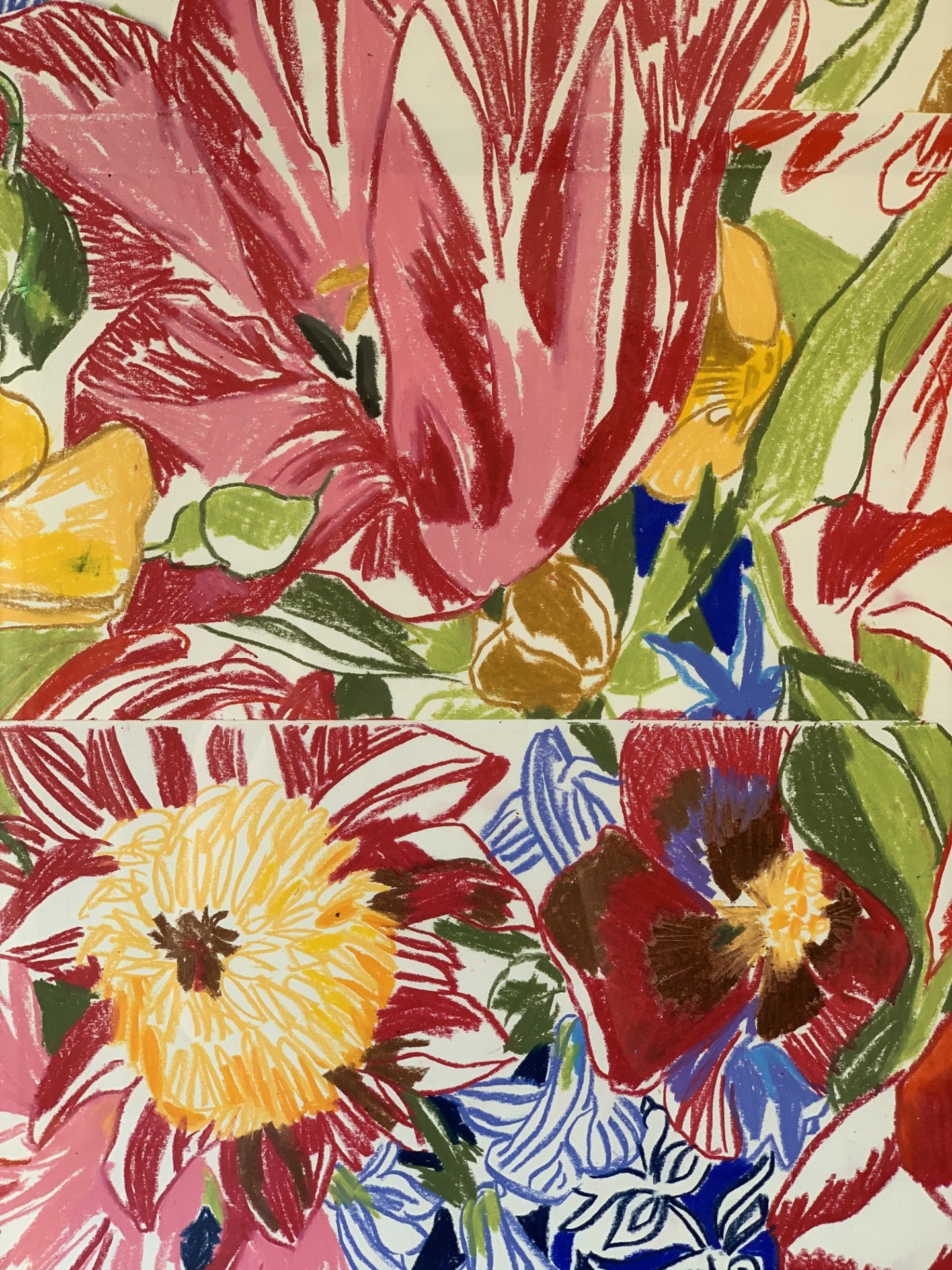 Ochre and Red Tulips - Delft Pot Oil Pastel Collaged by Isabel Fishlock