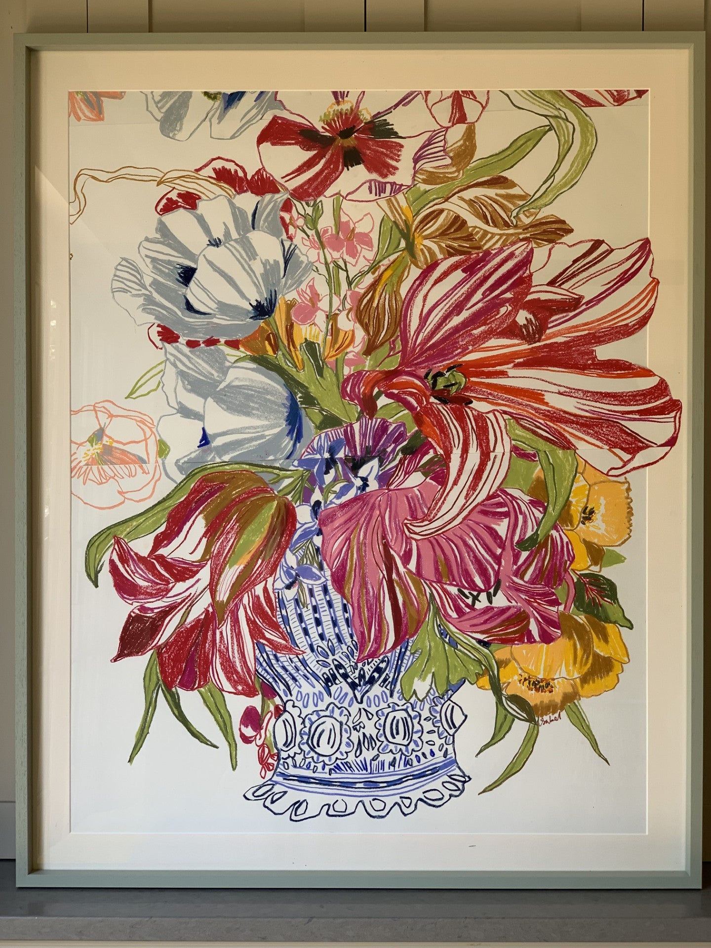 Ochre and Blue Tulips - Delft Pot Oil Pastel Collaged by Isabel Fishlock