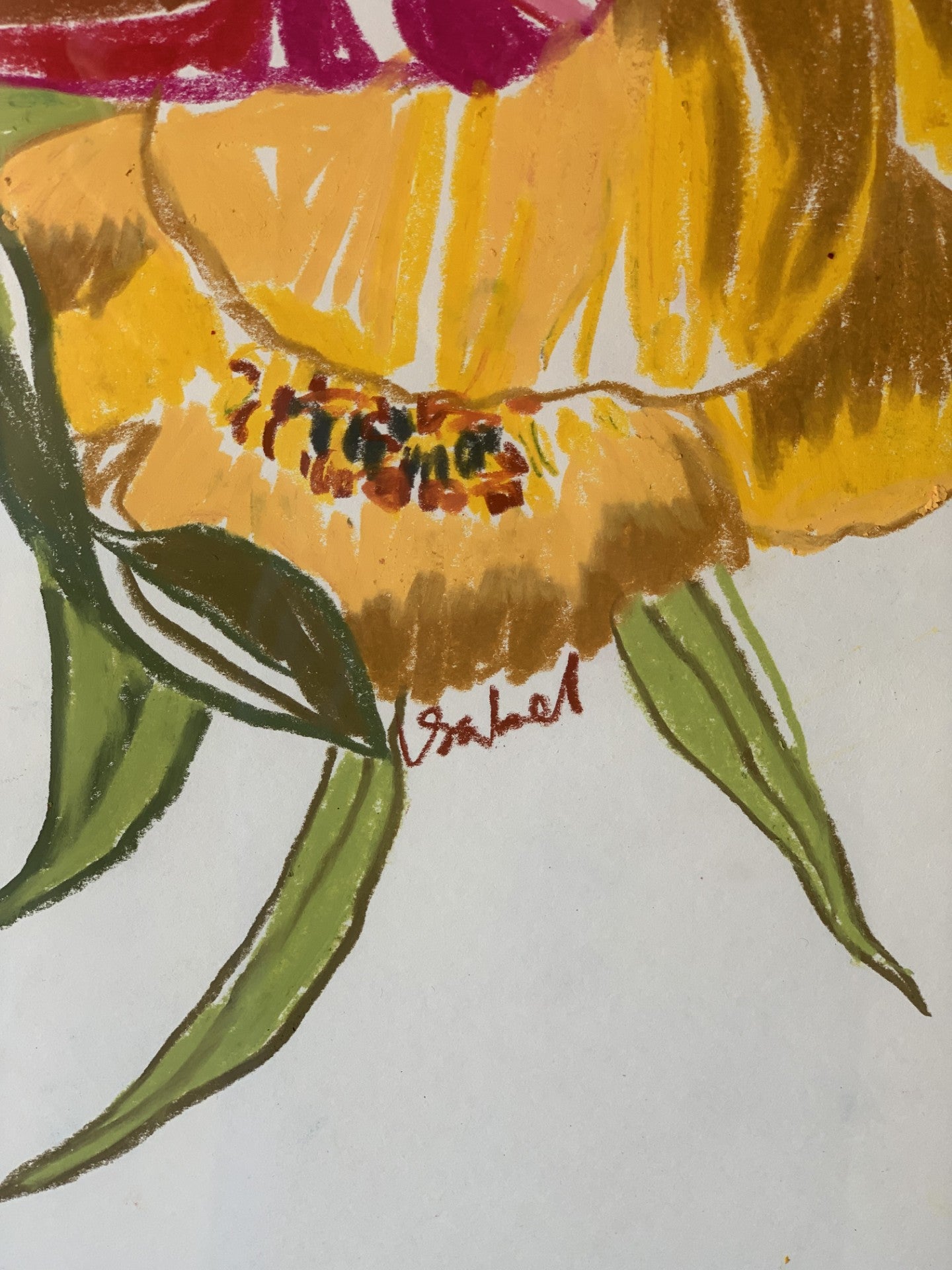 Ochre and Blue Tulips - Delft Pot Oil Pastel Collaged by Isabel Fishlock