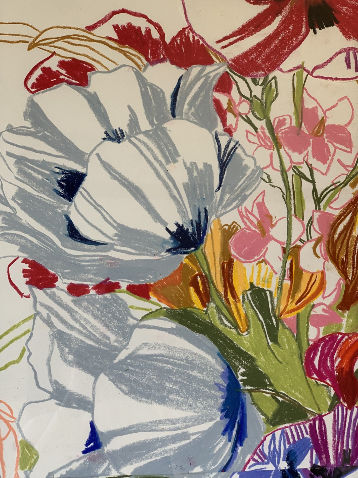 Ochre and Blue Tulips - Delft Pot Oil Pastel Collaged by Isabel Fishlock