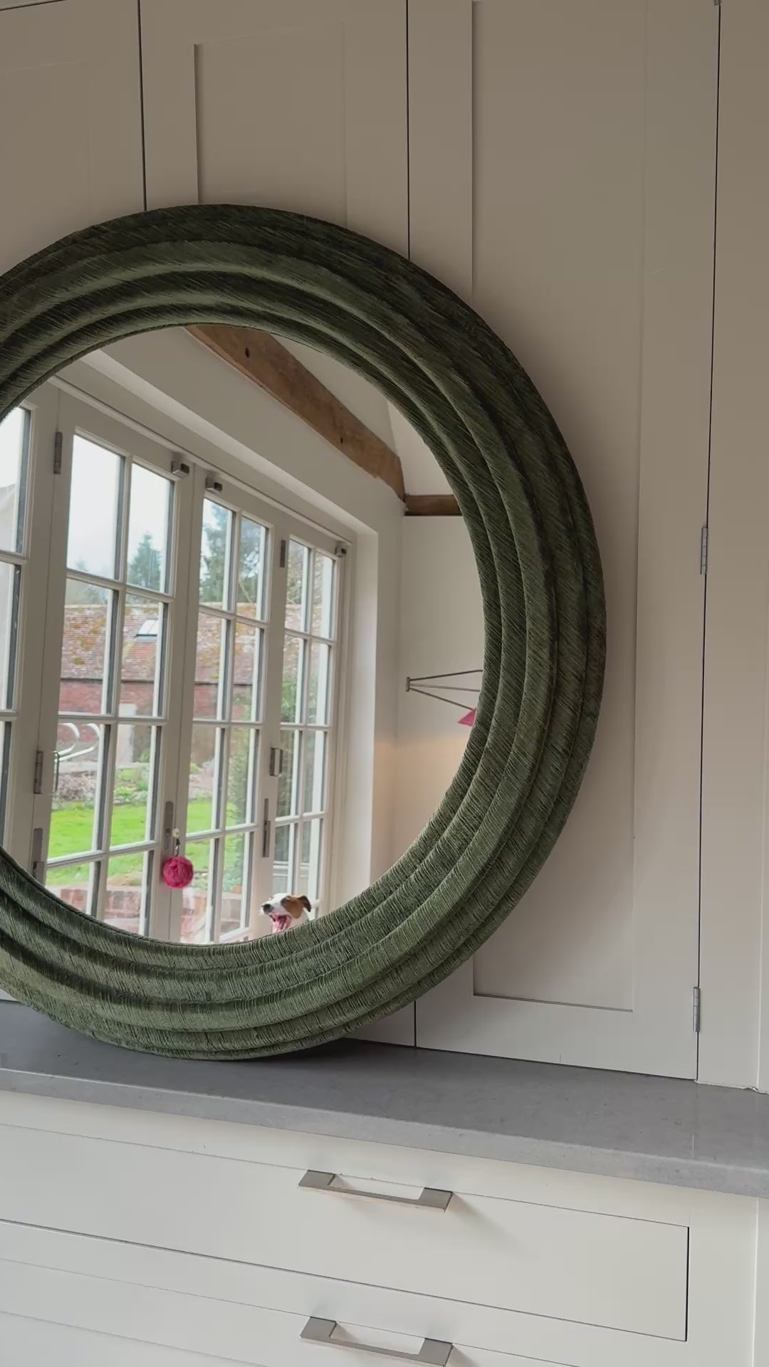 Large Modern Circular Mirror in Green Corduroy Velvet