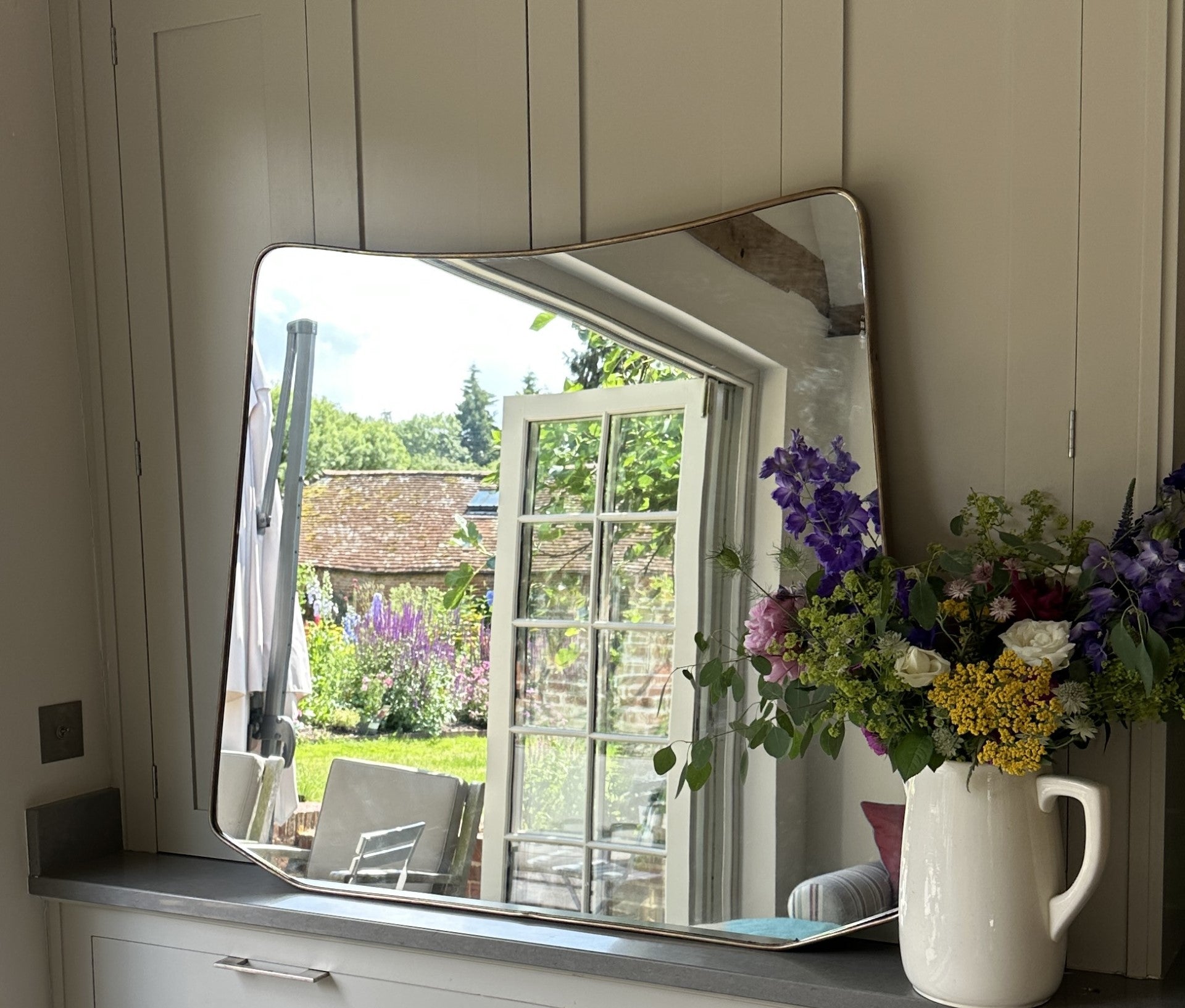 Large Mid Century Italian Shield Mirror in Brass