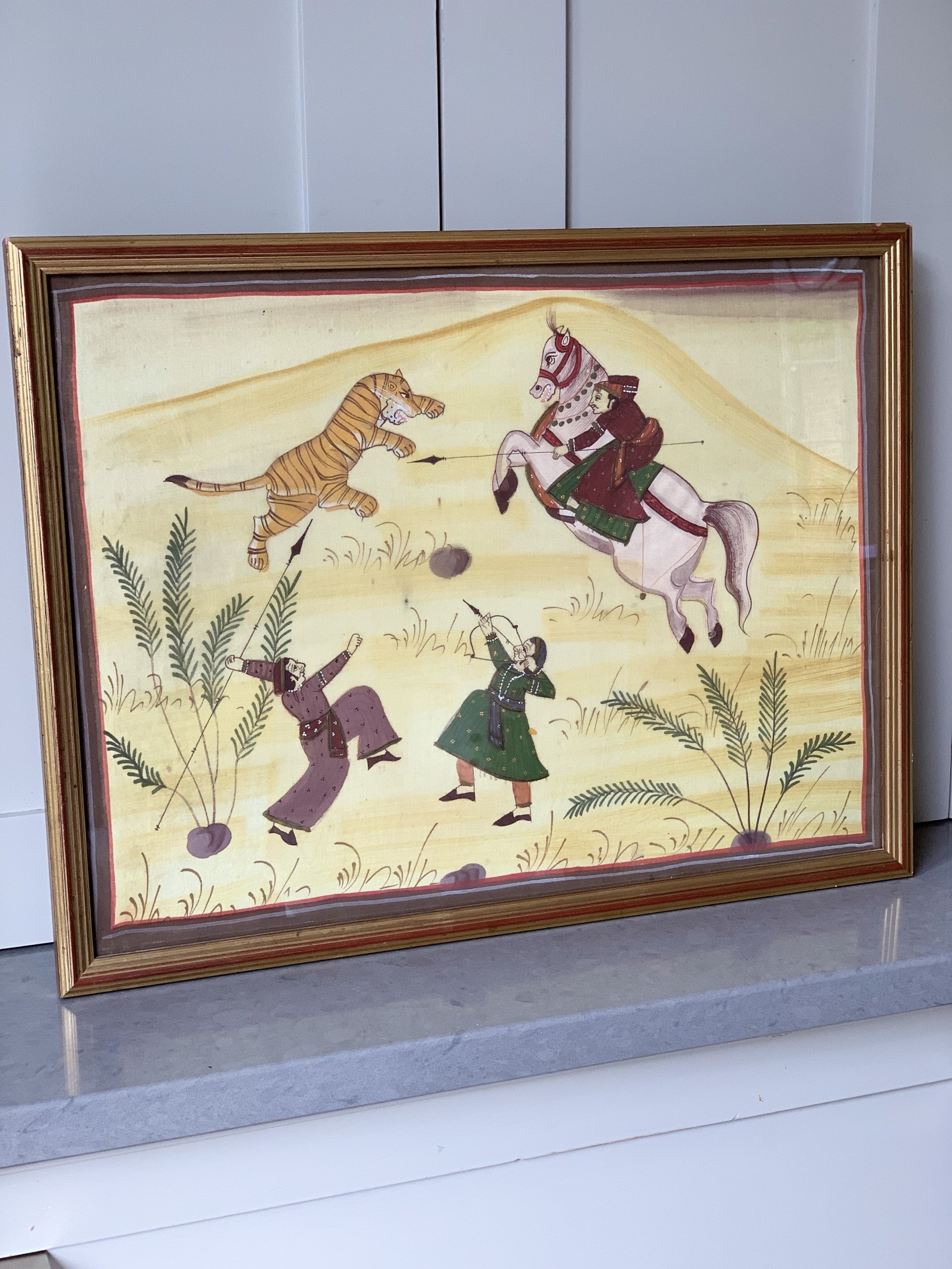Framed Eastern Hand Painted Indian Silk Tiger Hunting Golden Horse