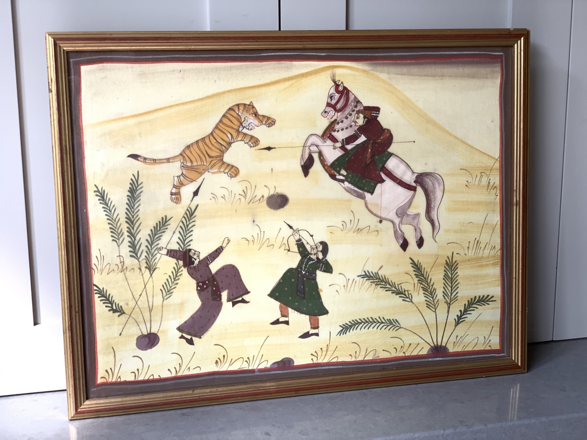 Framed Eastern Hand Painted Indian Silk Tiger Hunting Golden Horse