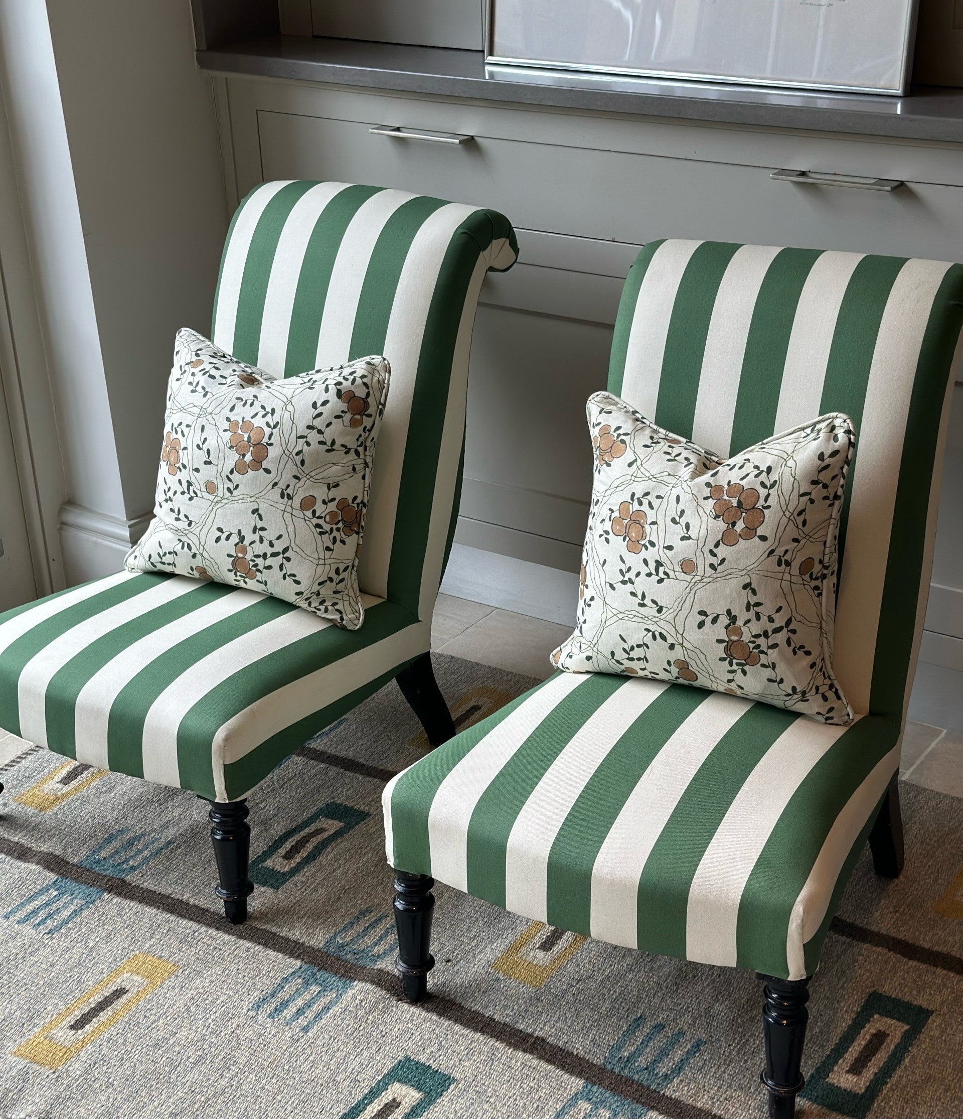 Glamourous Pair of French Scroll back Slipper Chairs