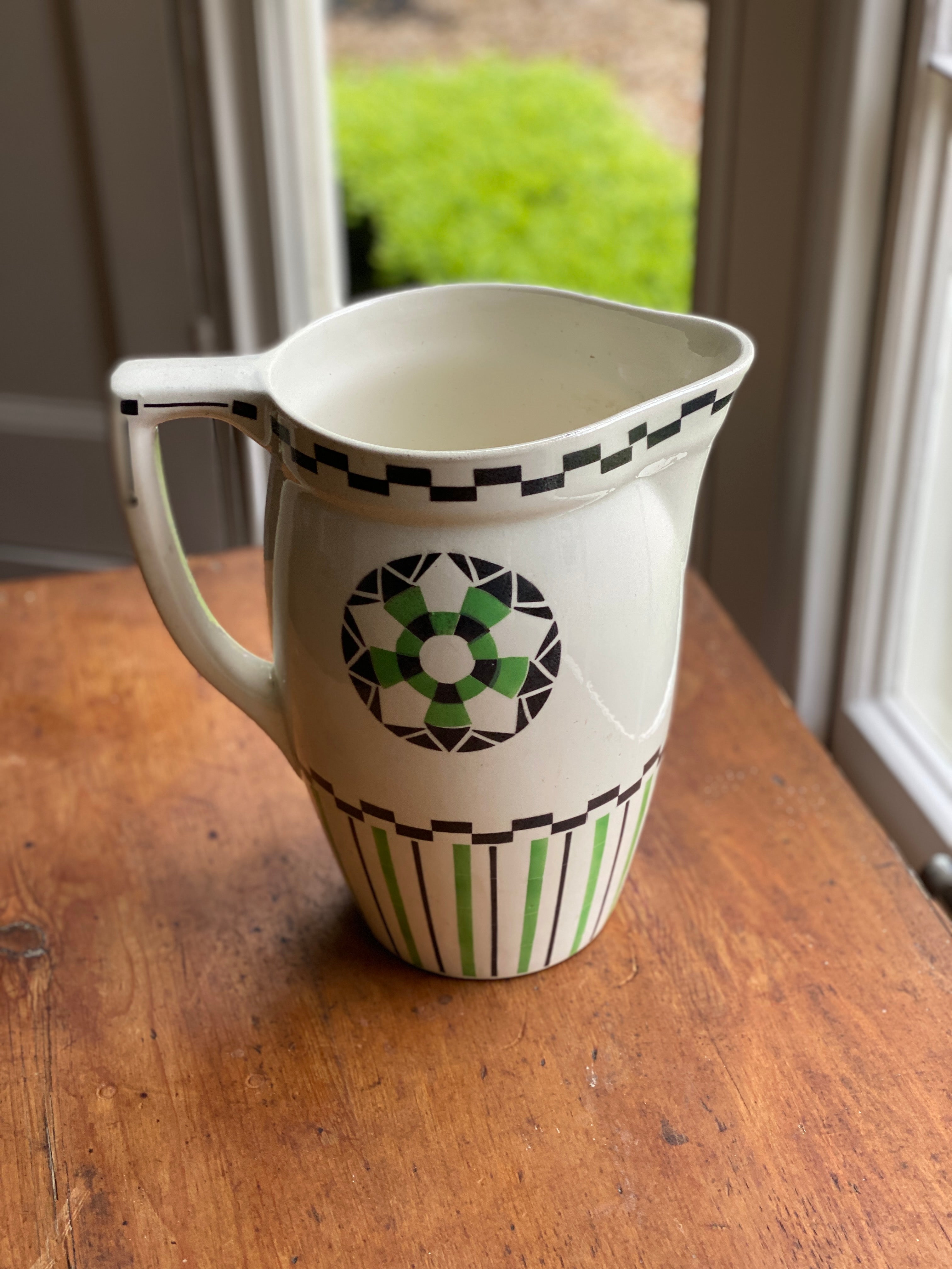 Large Vintage Jug with Green & Black Geometric Pattern