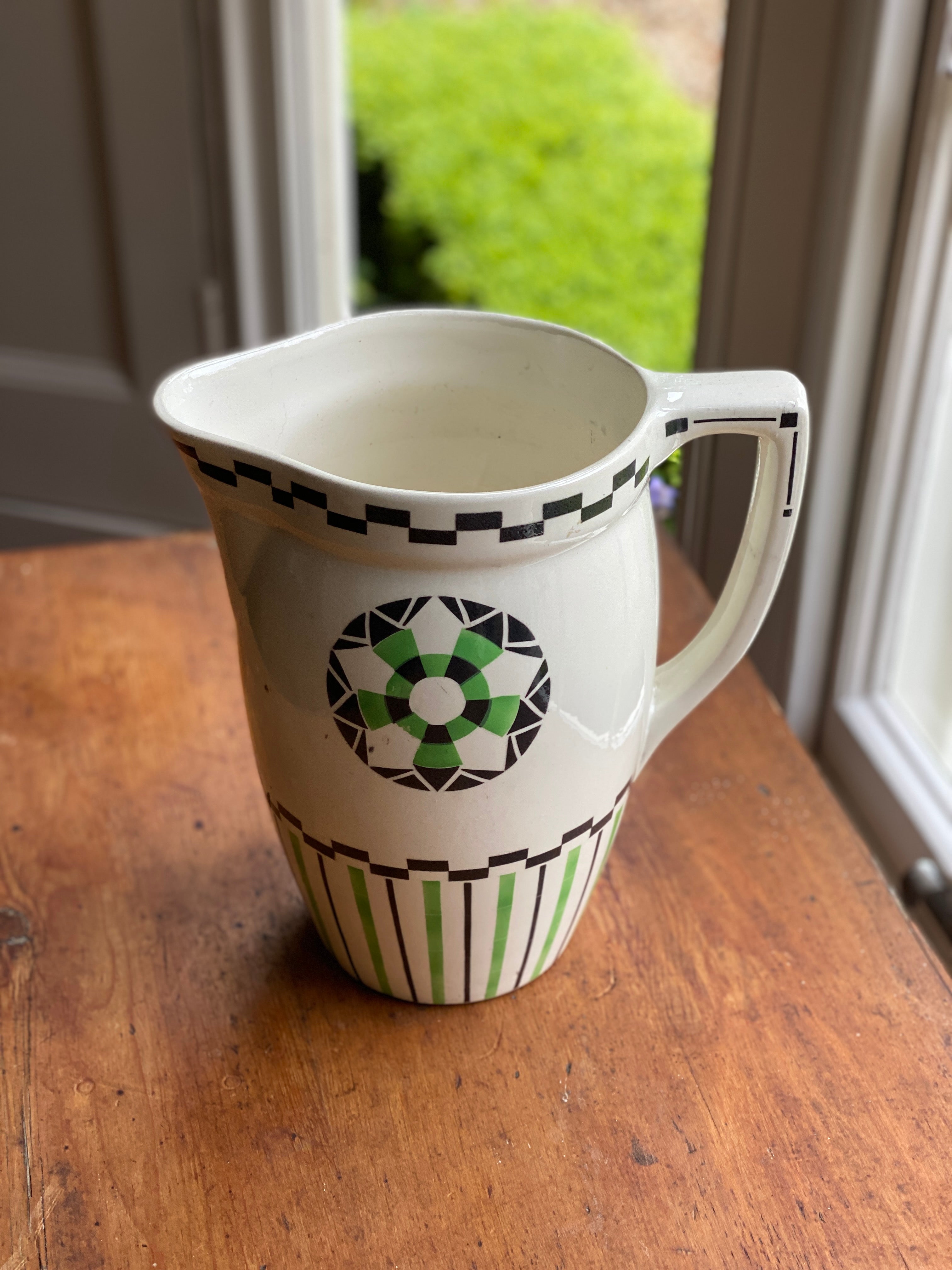 Large Vintage Jug with Green & Black Geometric Pattern