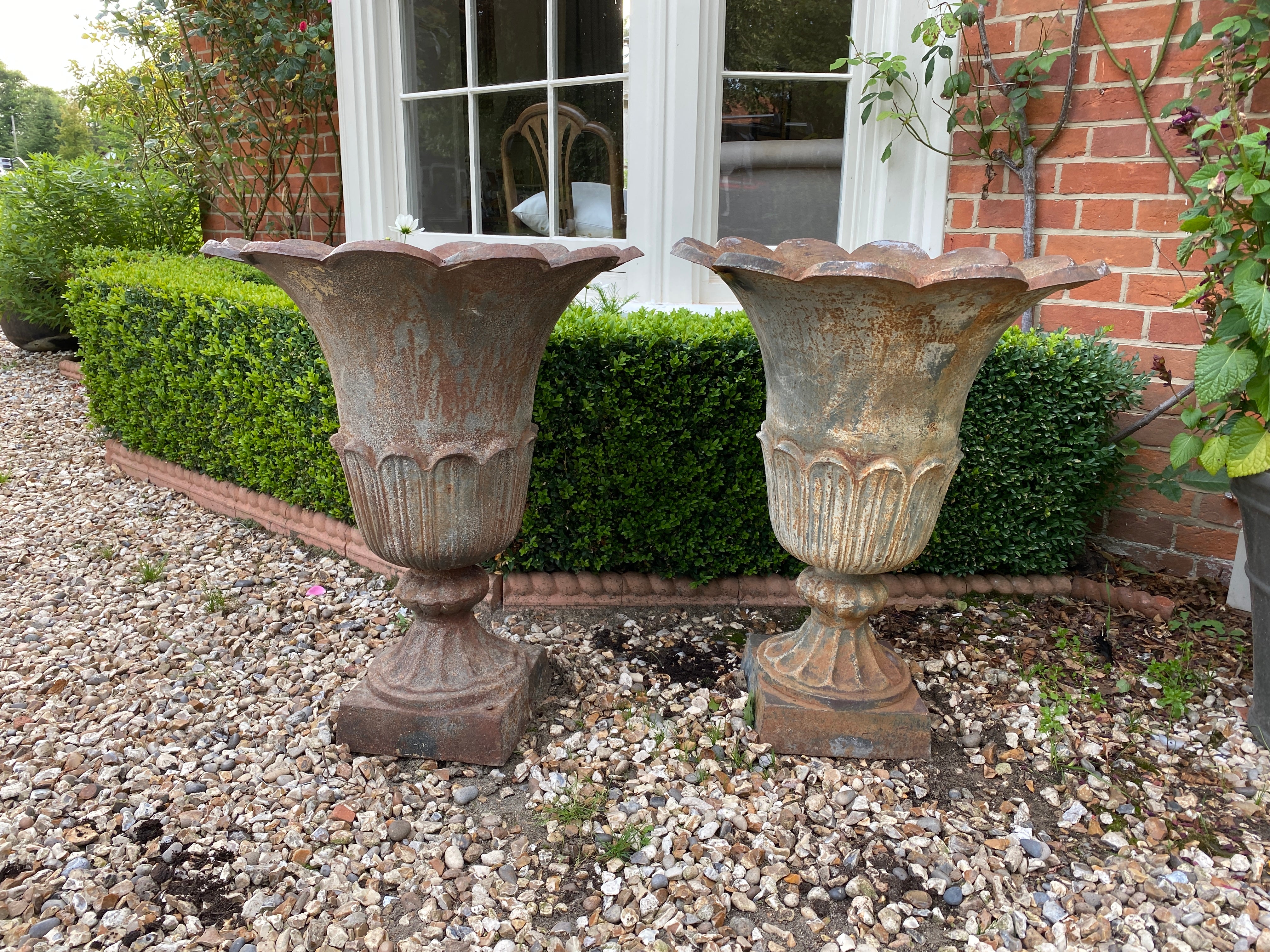 Pair of Late 19th/Early 20th C Cast Iron Tulip Urns