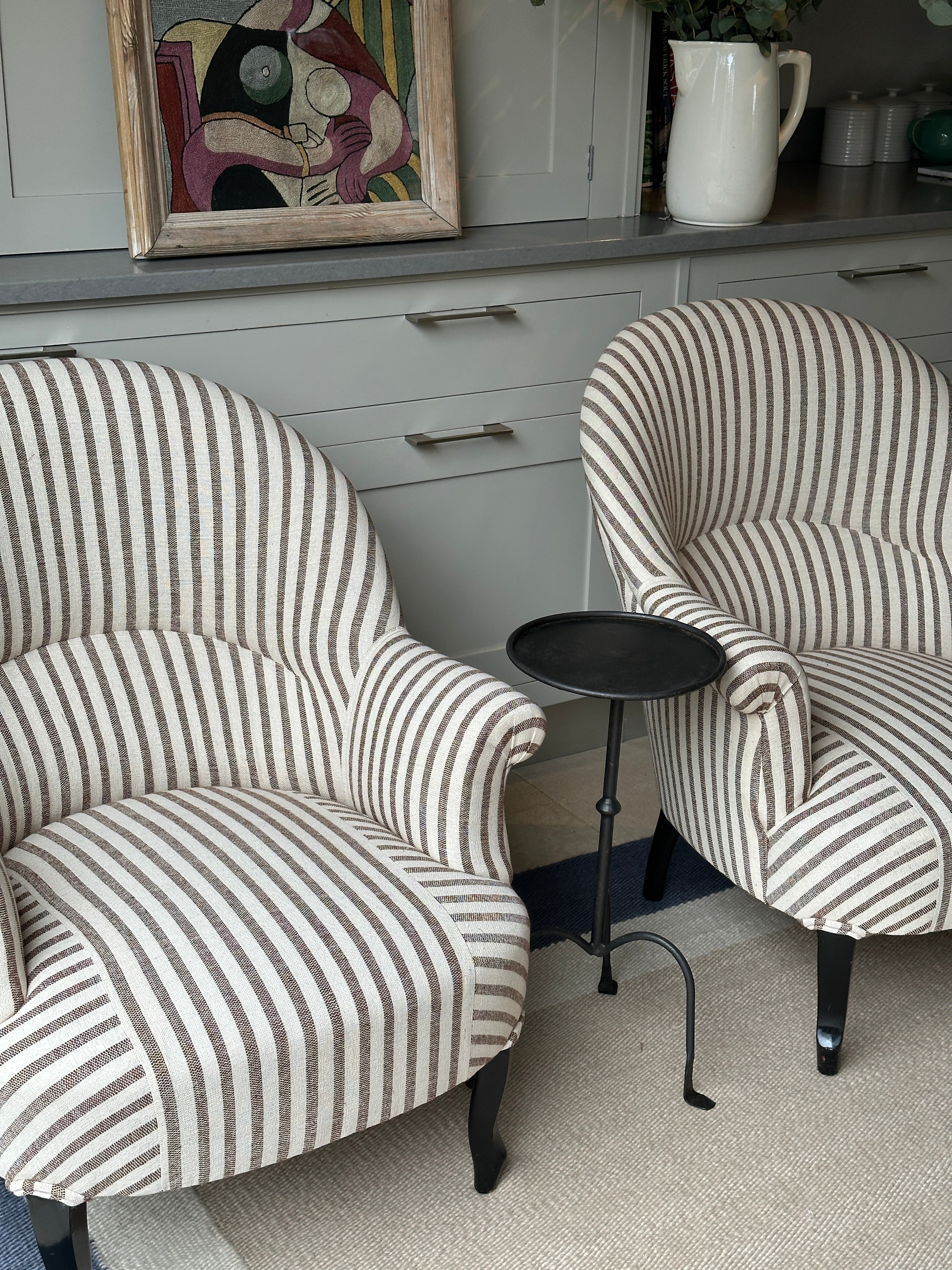 Pair of Crapaud Chairs in GG Cocoa Olive Sacking