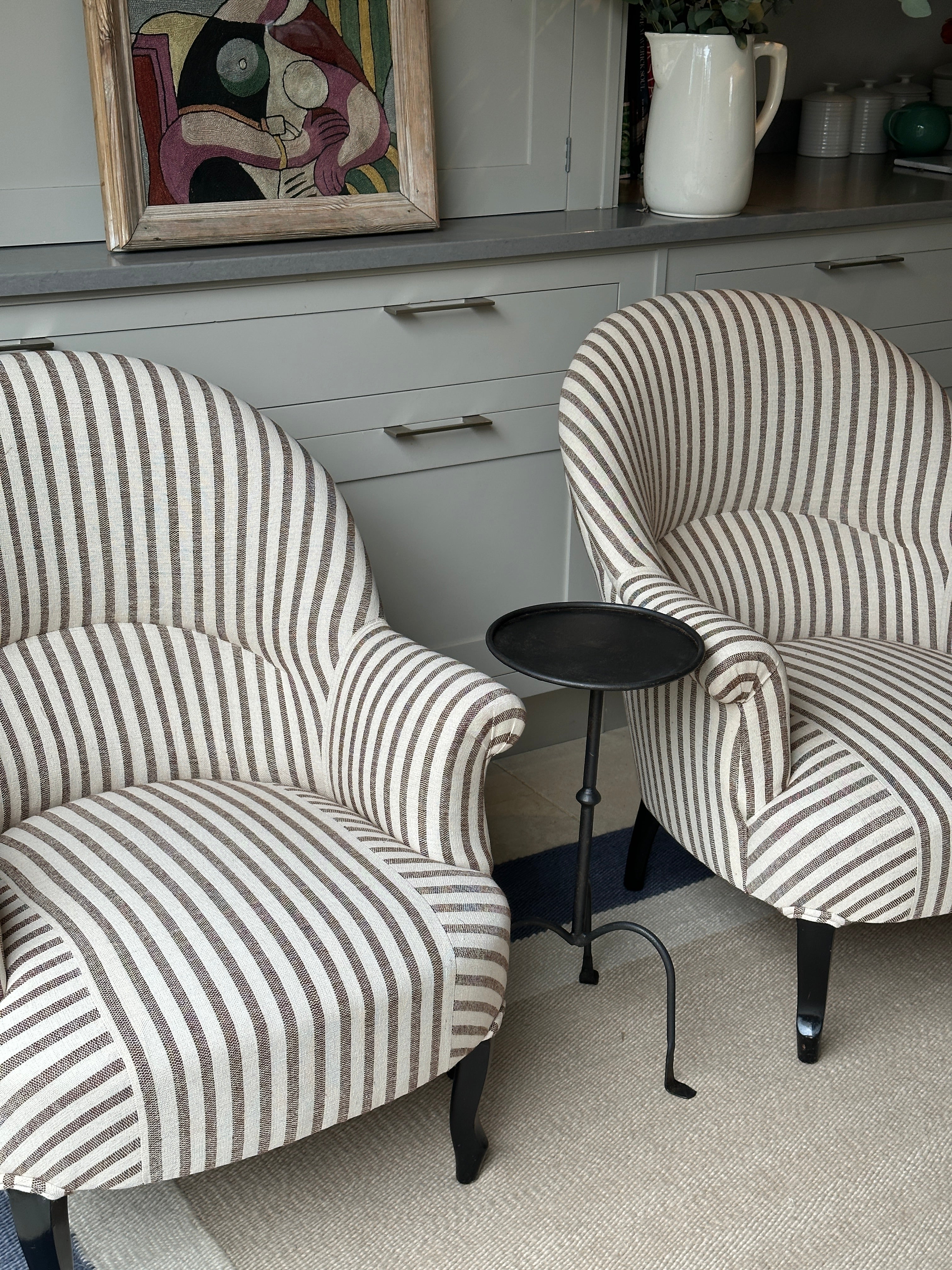 Pair of Crapaud Chairs in GG Cocoa Olive Sacking