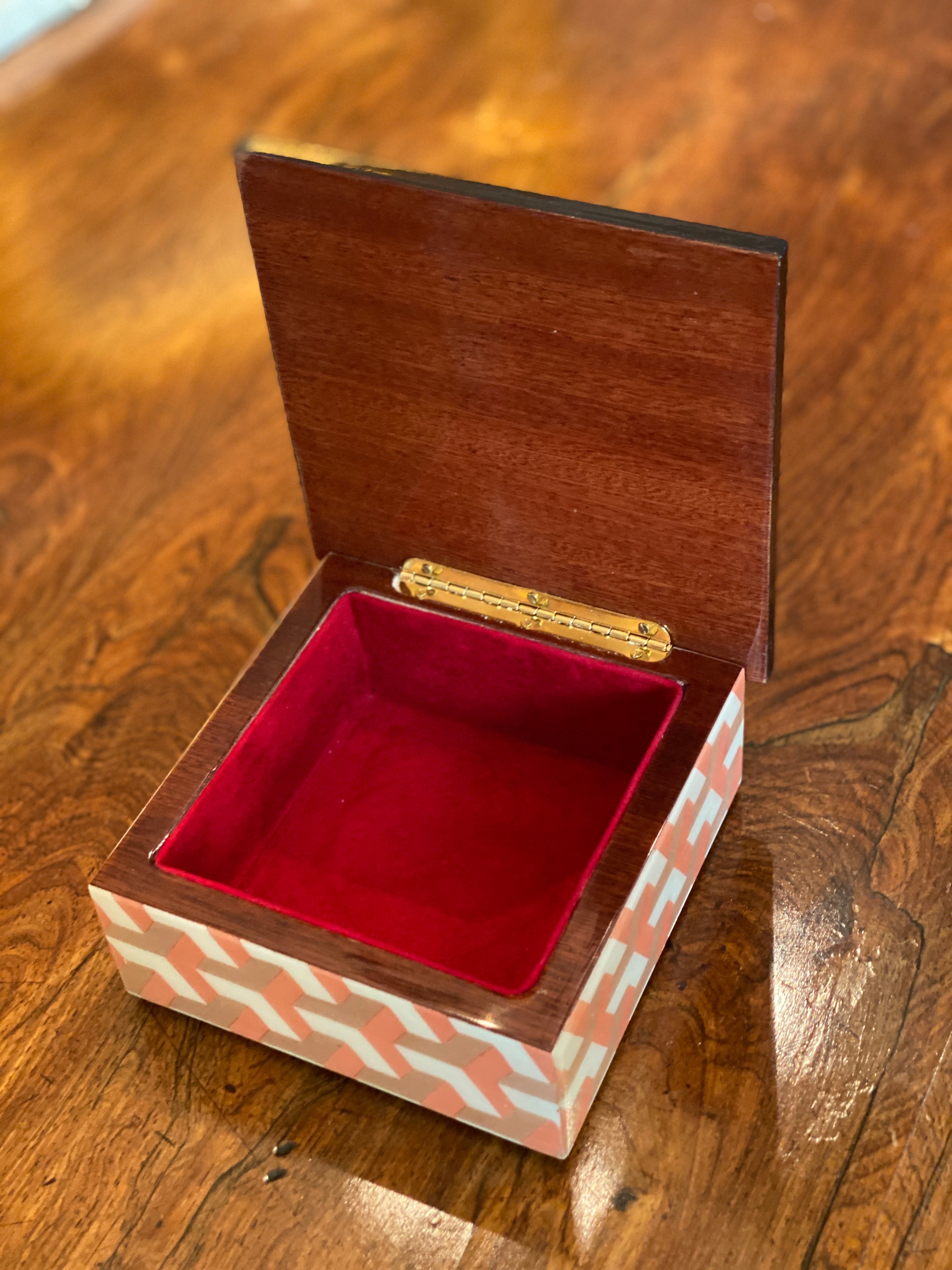 Small Italian Marquetry Box with Pink and White Geometric Pattern