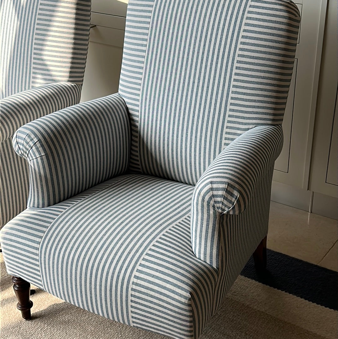 Single Napoleon 3 Square Back Chair  in Blue & White Ticking