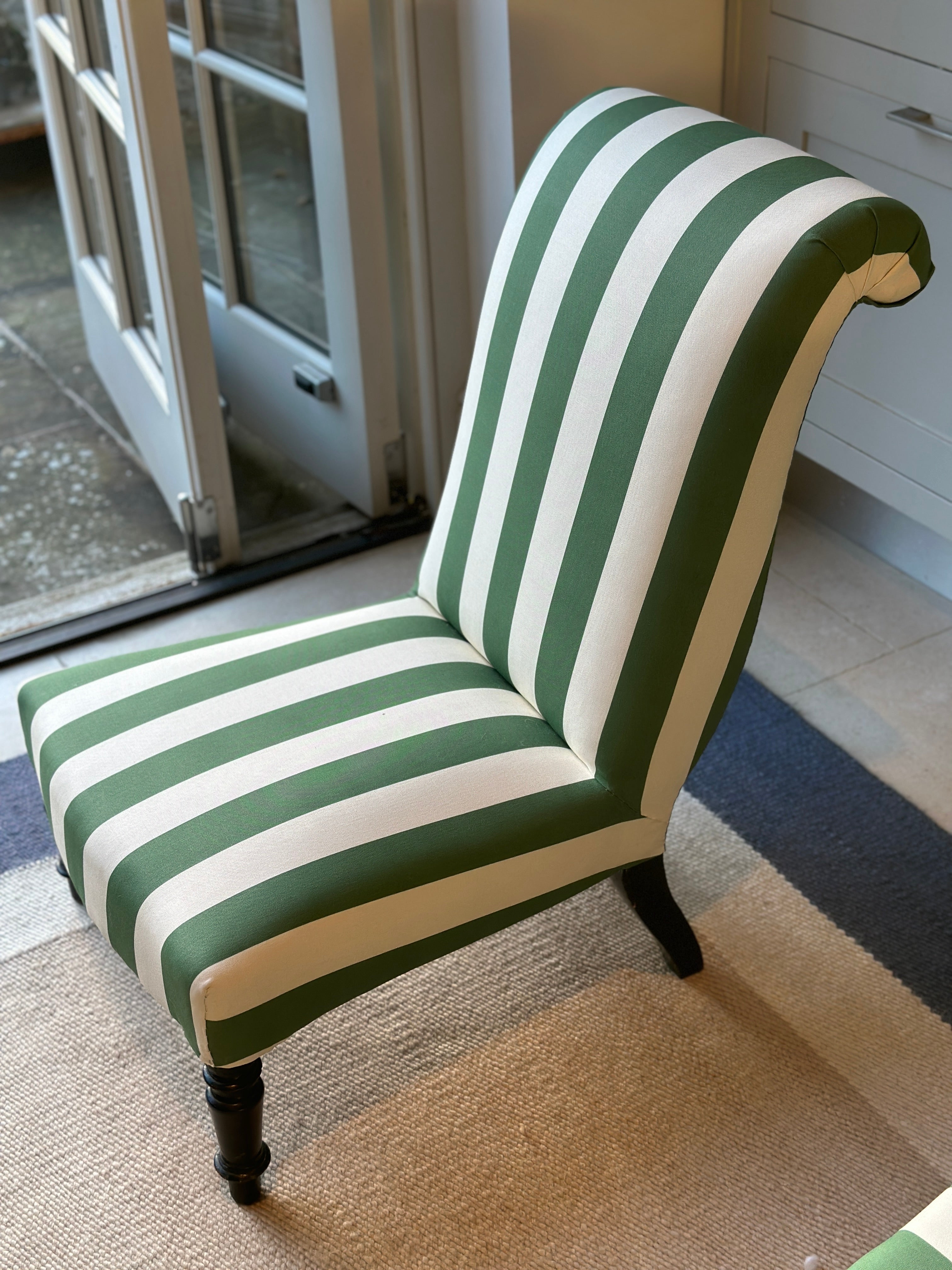 Glamourous Pair of French Scroll back Slipper Chairs