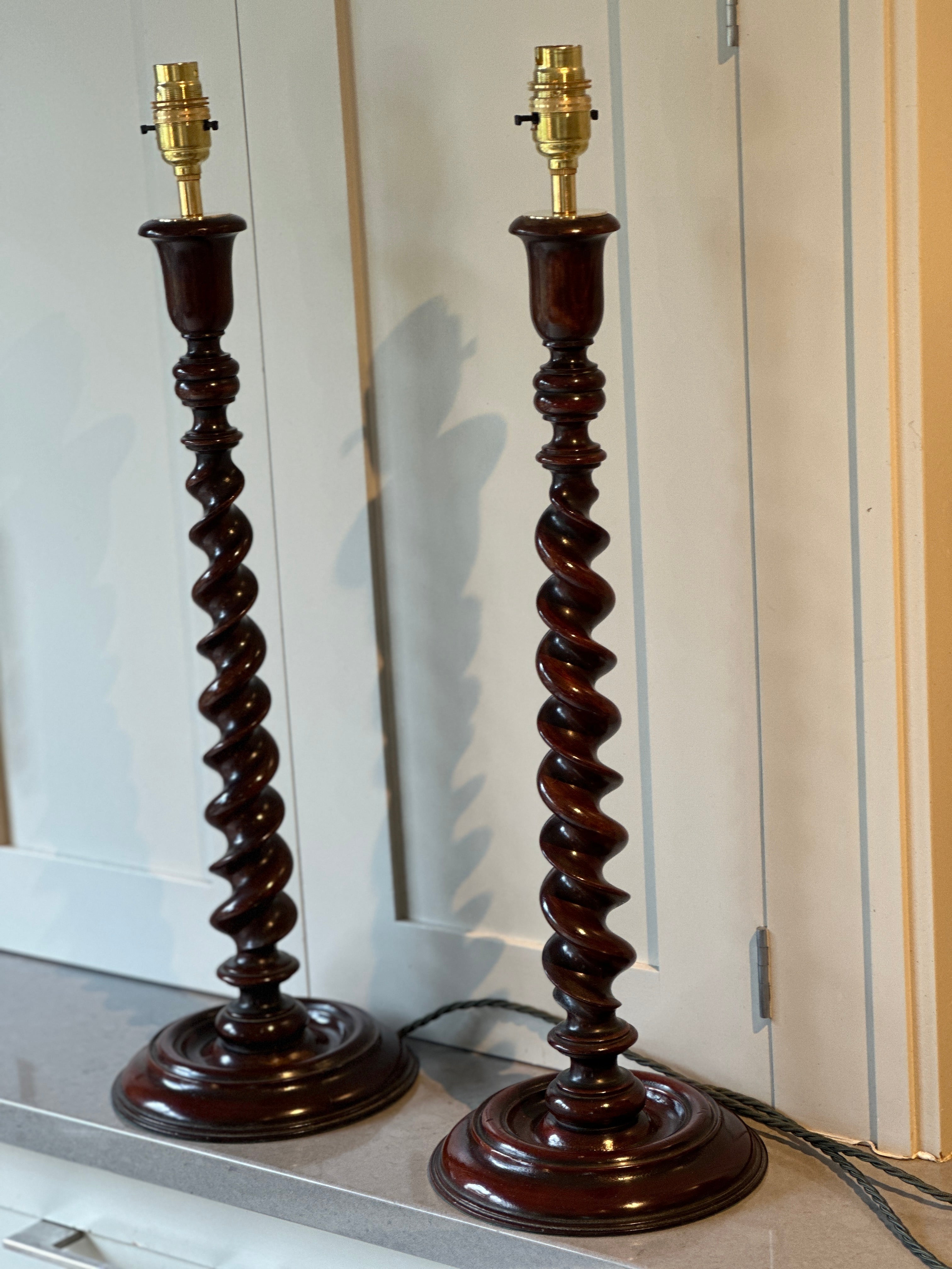 Pair of Tall Elegant Mahogany Barley Twist Lamps