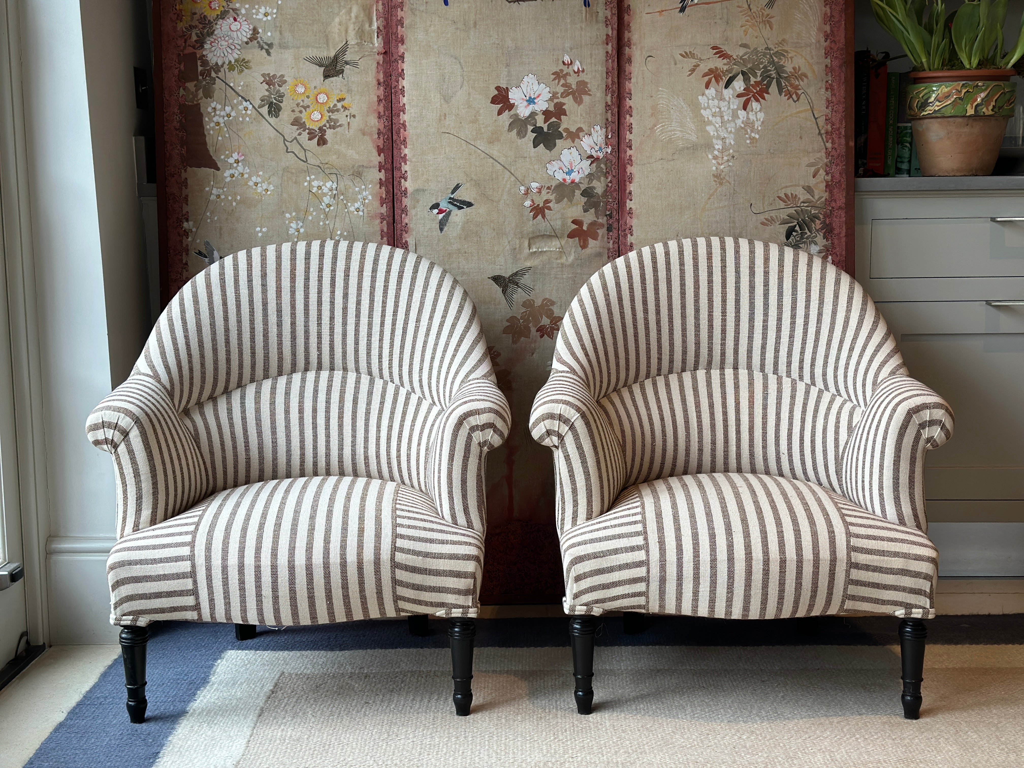 Pair of Crapaud Tub Chairs in GG Olive Sacking Cocoa