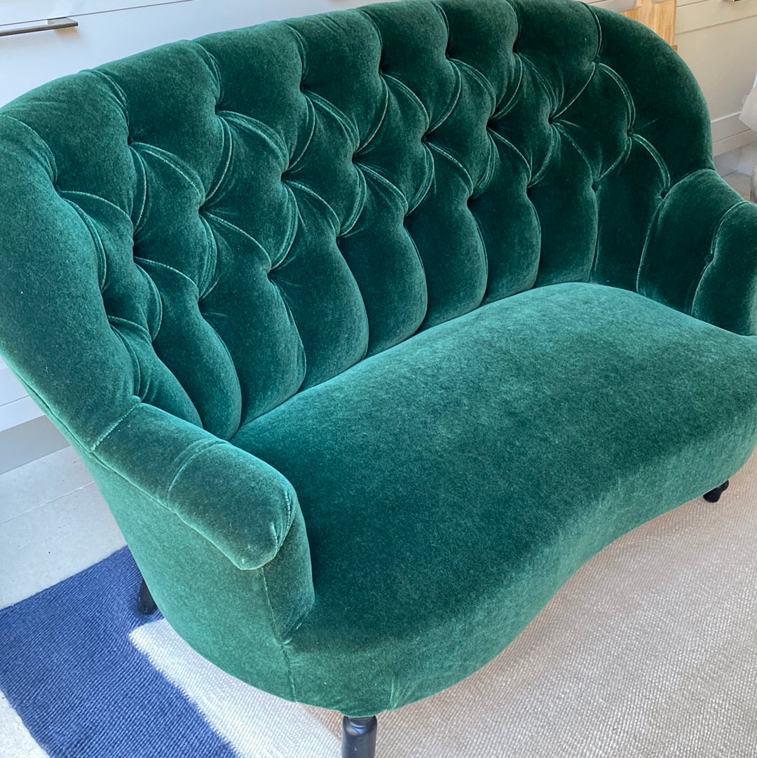 Small French Buttoned Back Sofa in Rose Uniacke Mohair Velvet