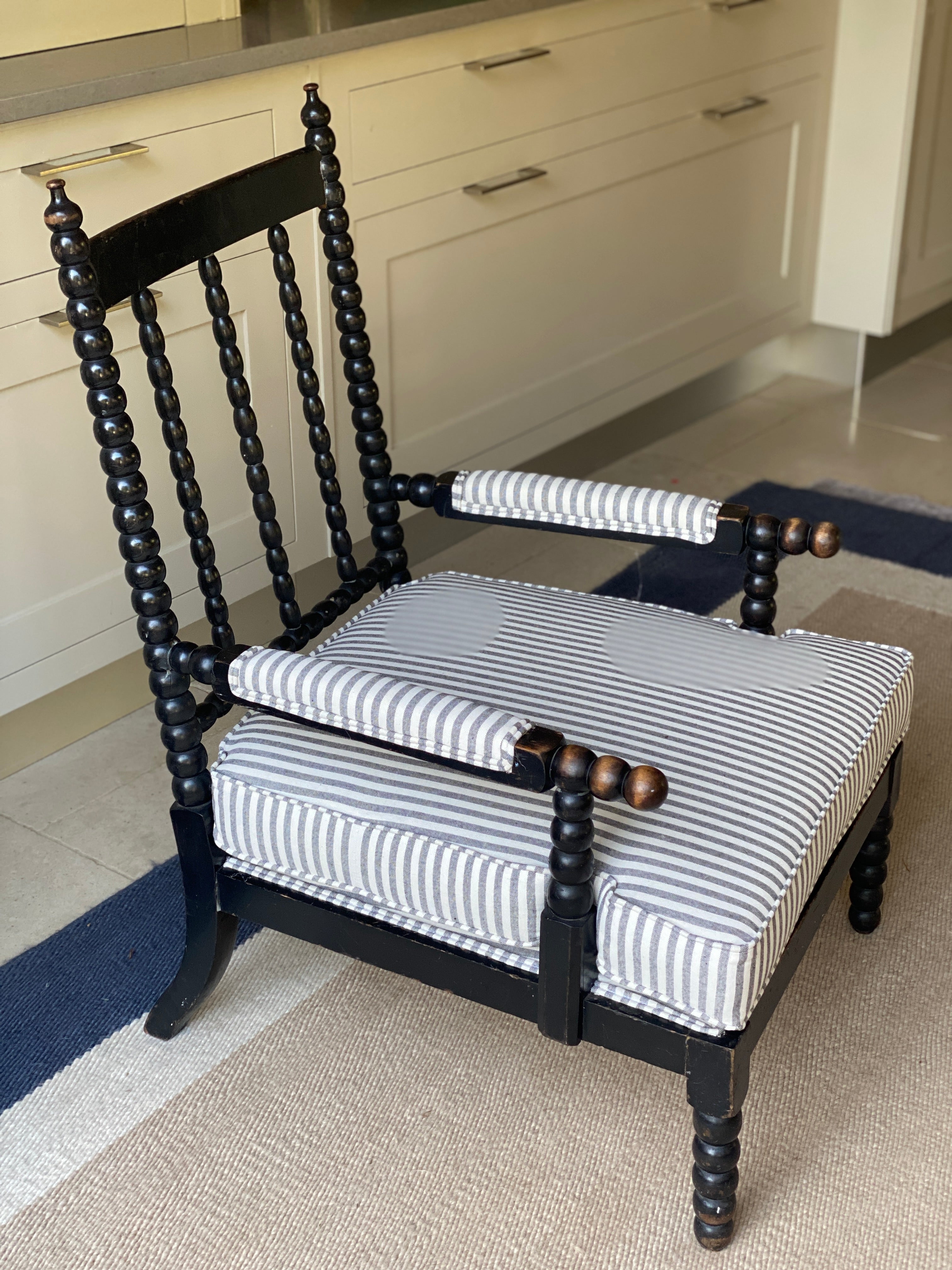 SALE * Ebonised Bobbin Armchair in black & white ticking