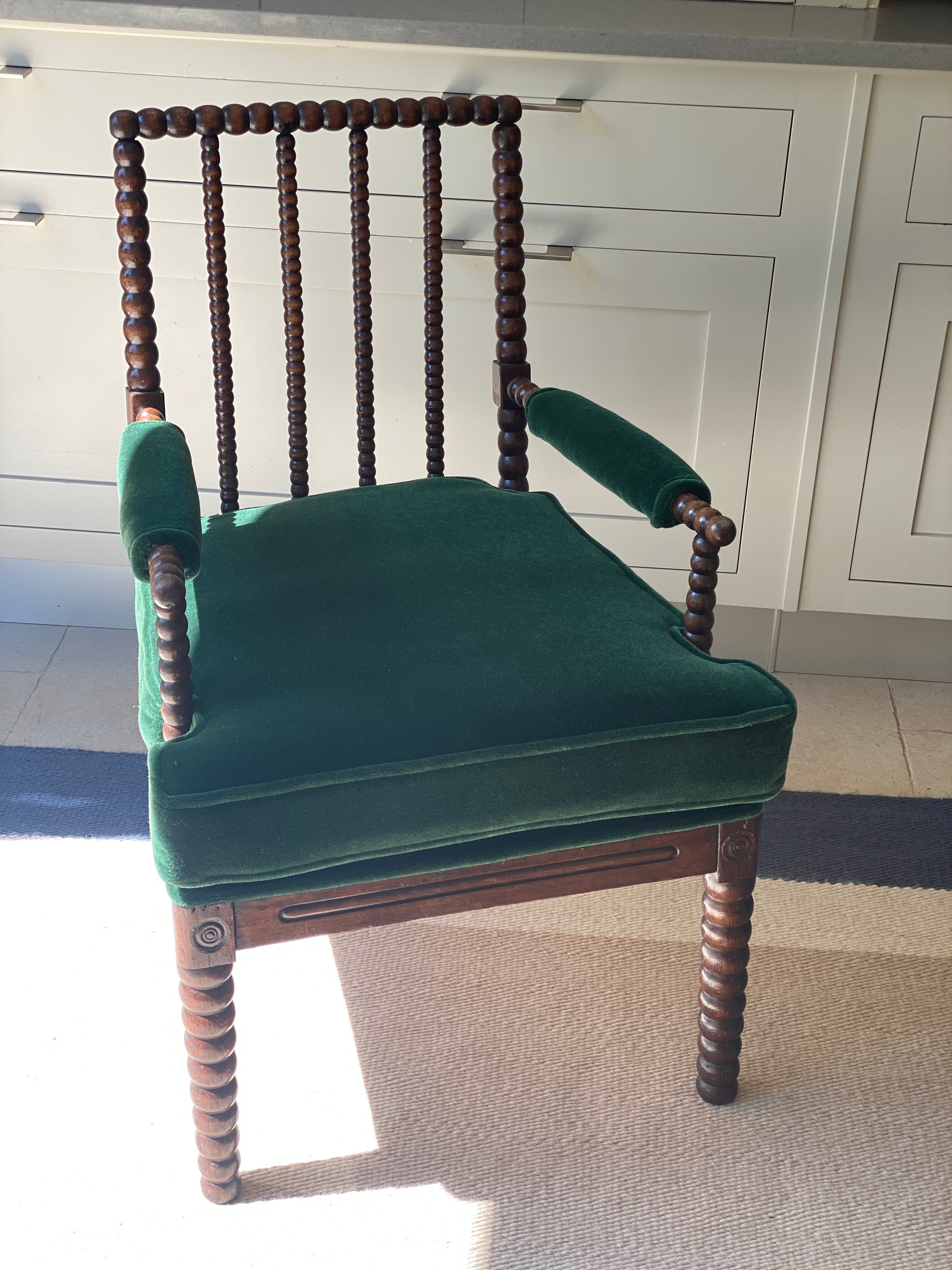 SALE* Bobbin Turned Armchair upholstered in RU Green Mohair Velvet