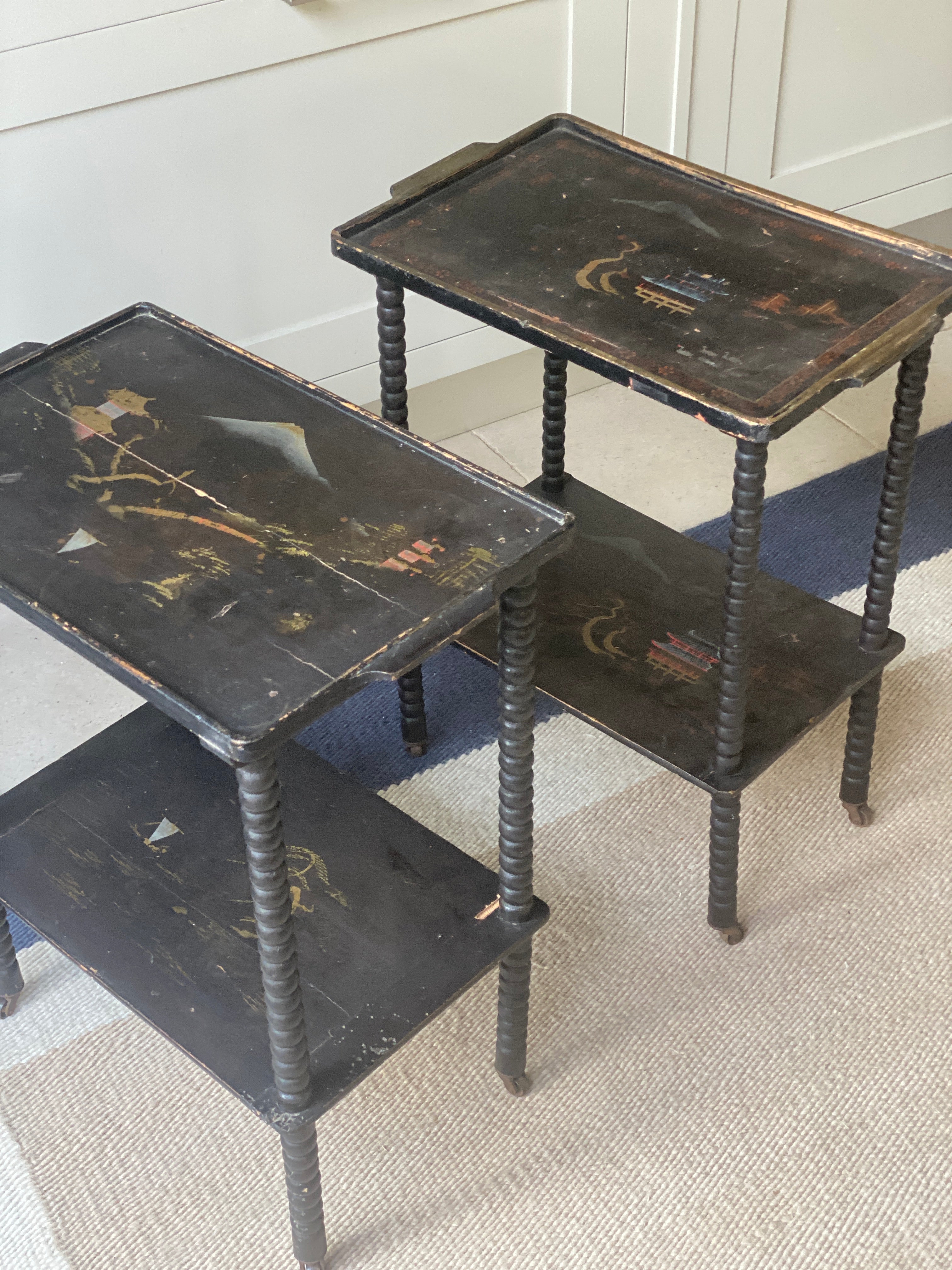 Pair of Black Painted Bobbin Trolleys