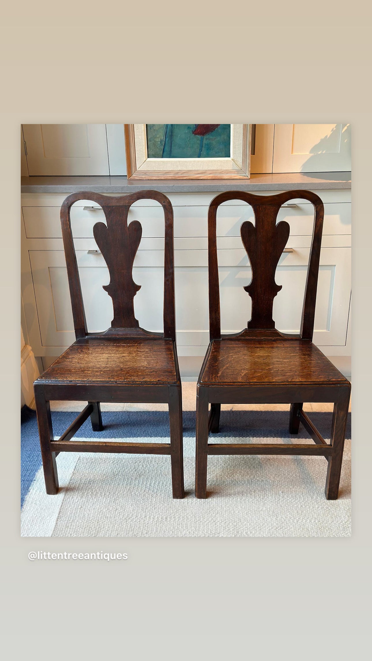 Pair of Early 19th C Oak Chairs with Charming Backs