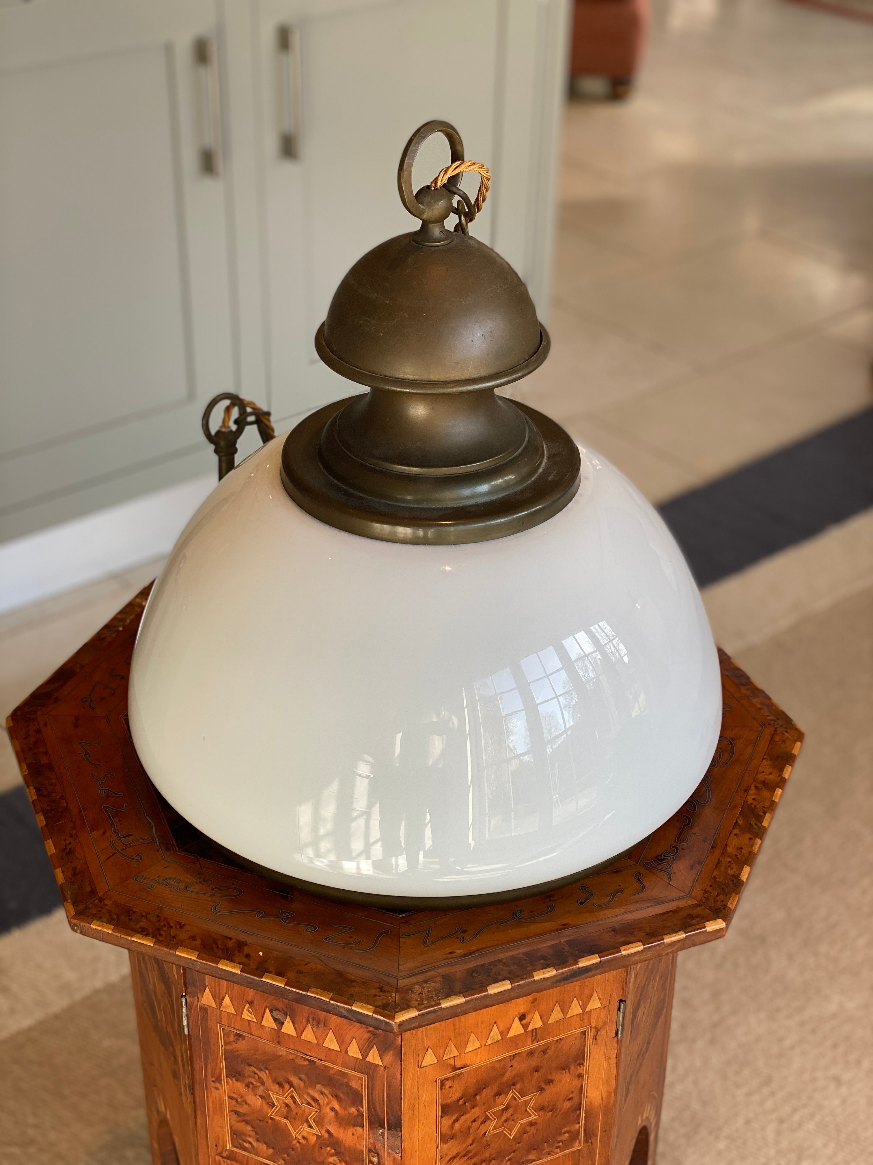 Large Mid 20th Century Opaline Glass and brass pendant light