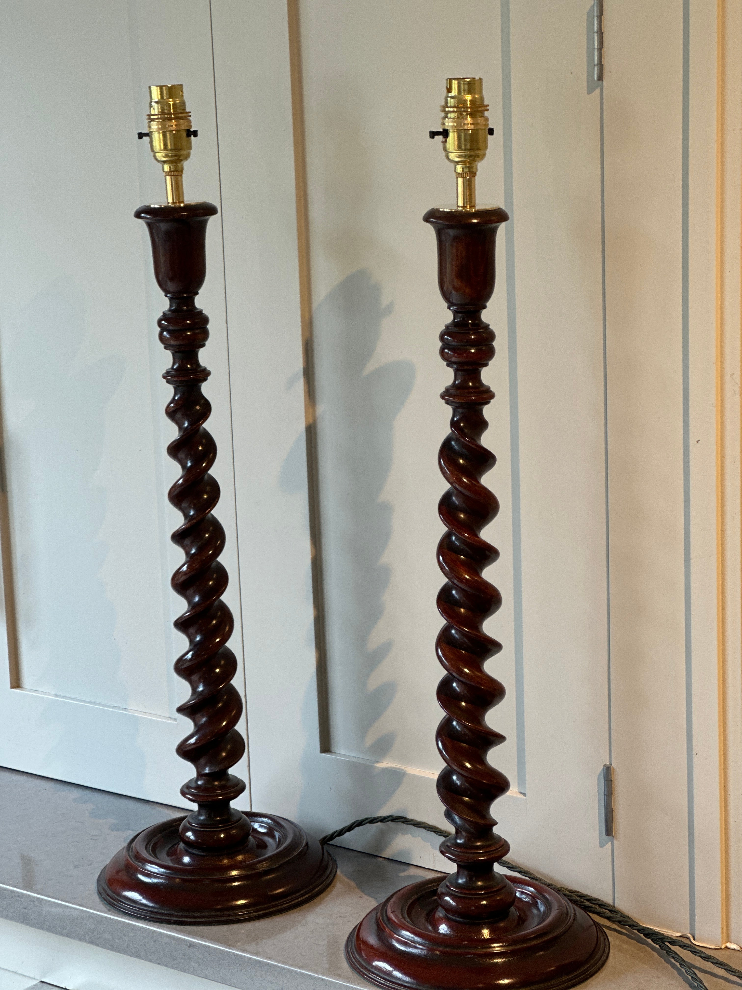 Pair of Tall Elegant Mahogany Barley Twist Lamps