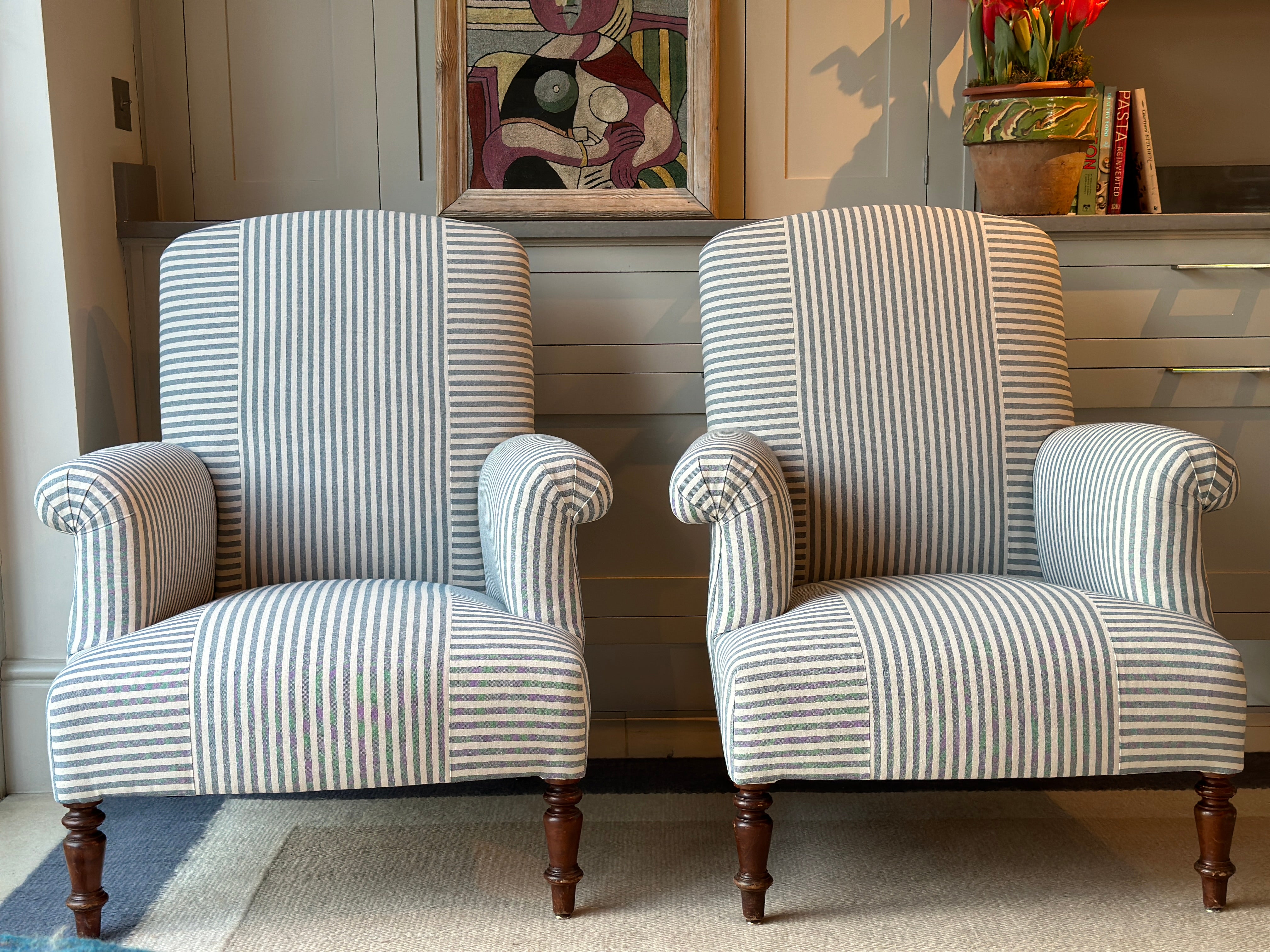 Single Napoleon 3 Square Back Chair in Blue & White Ticking