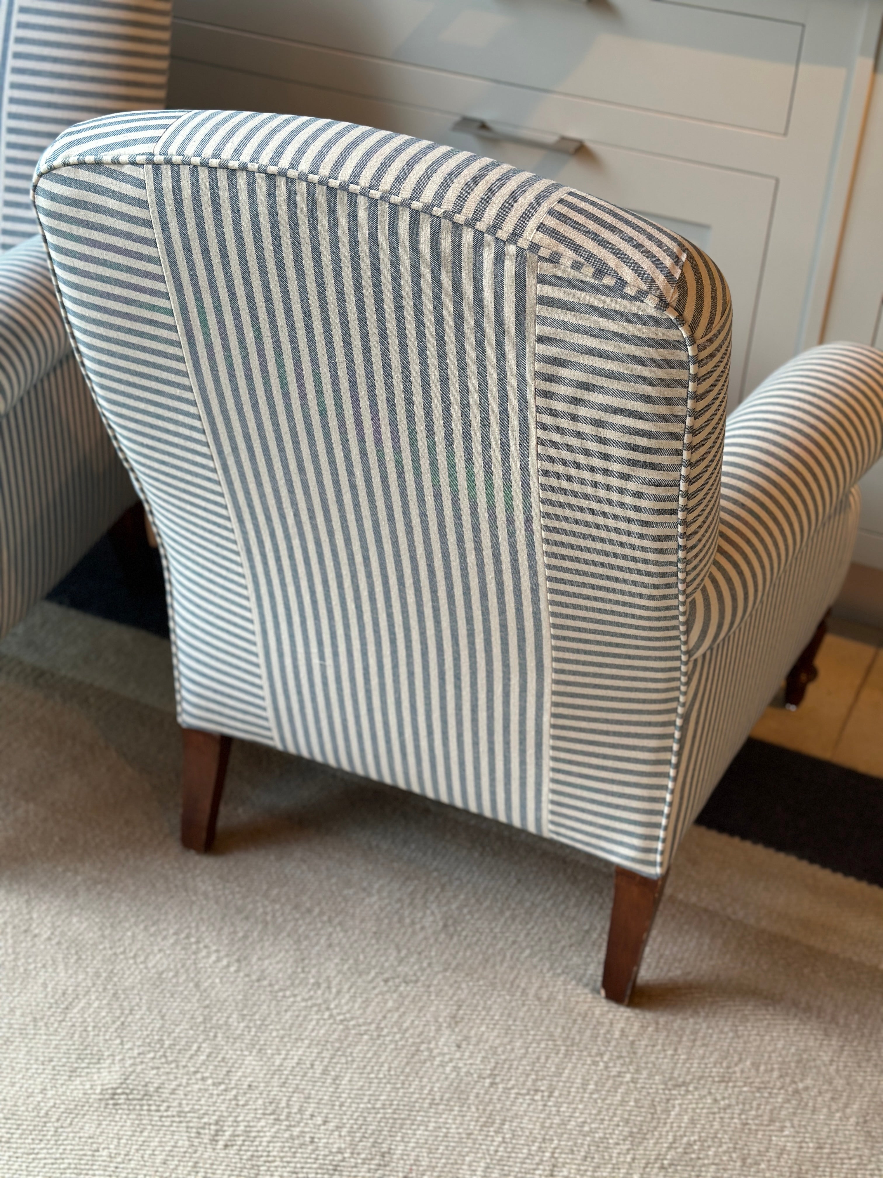 Single Napoleon 3 Square Back Chair in Blue & White Ticking