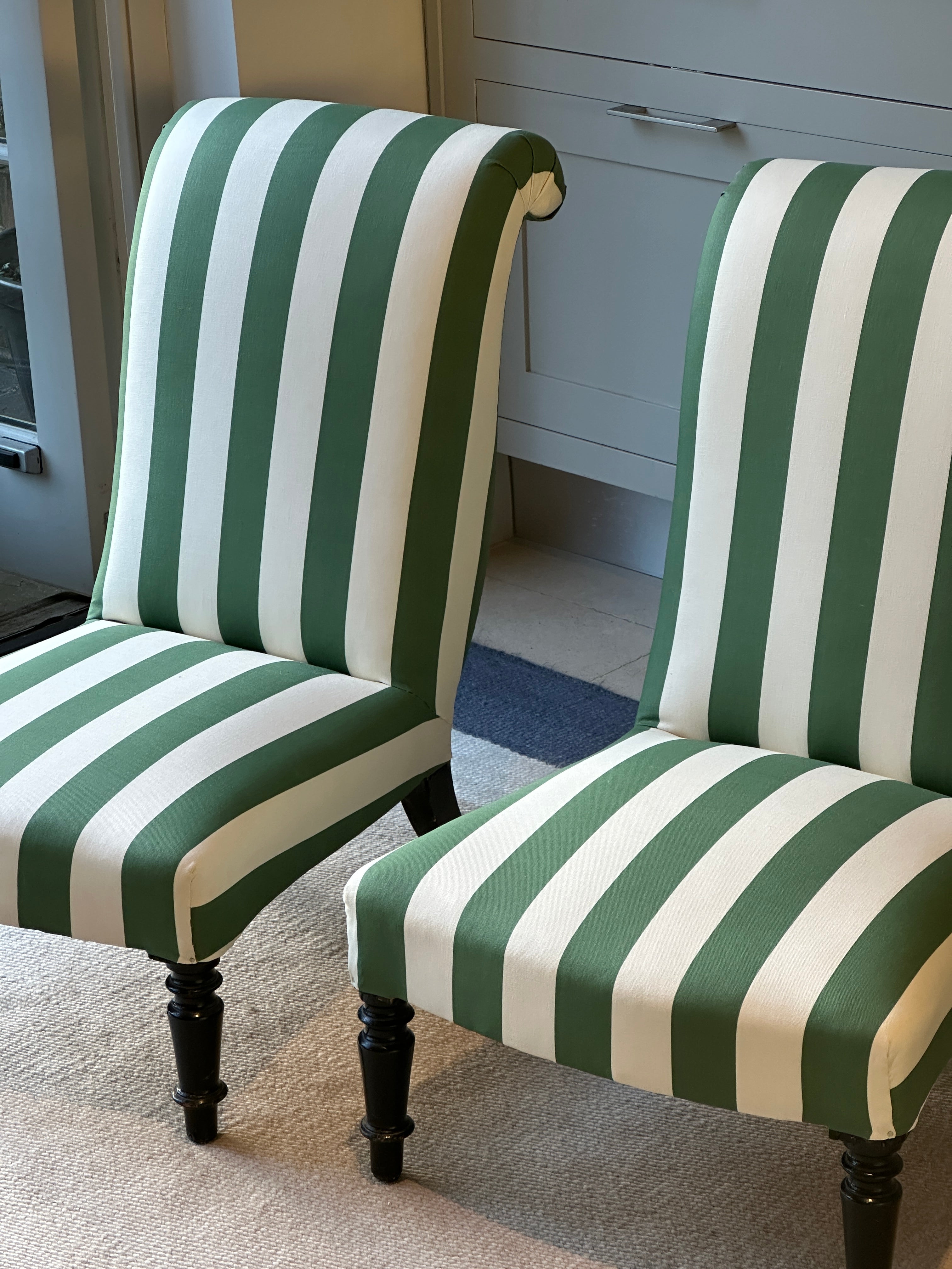 Glamourous Pair of French Scroll back Slipper Chairs