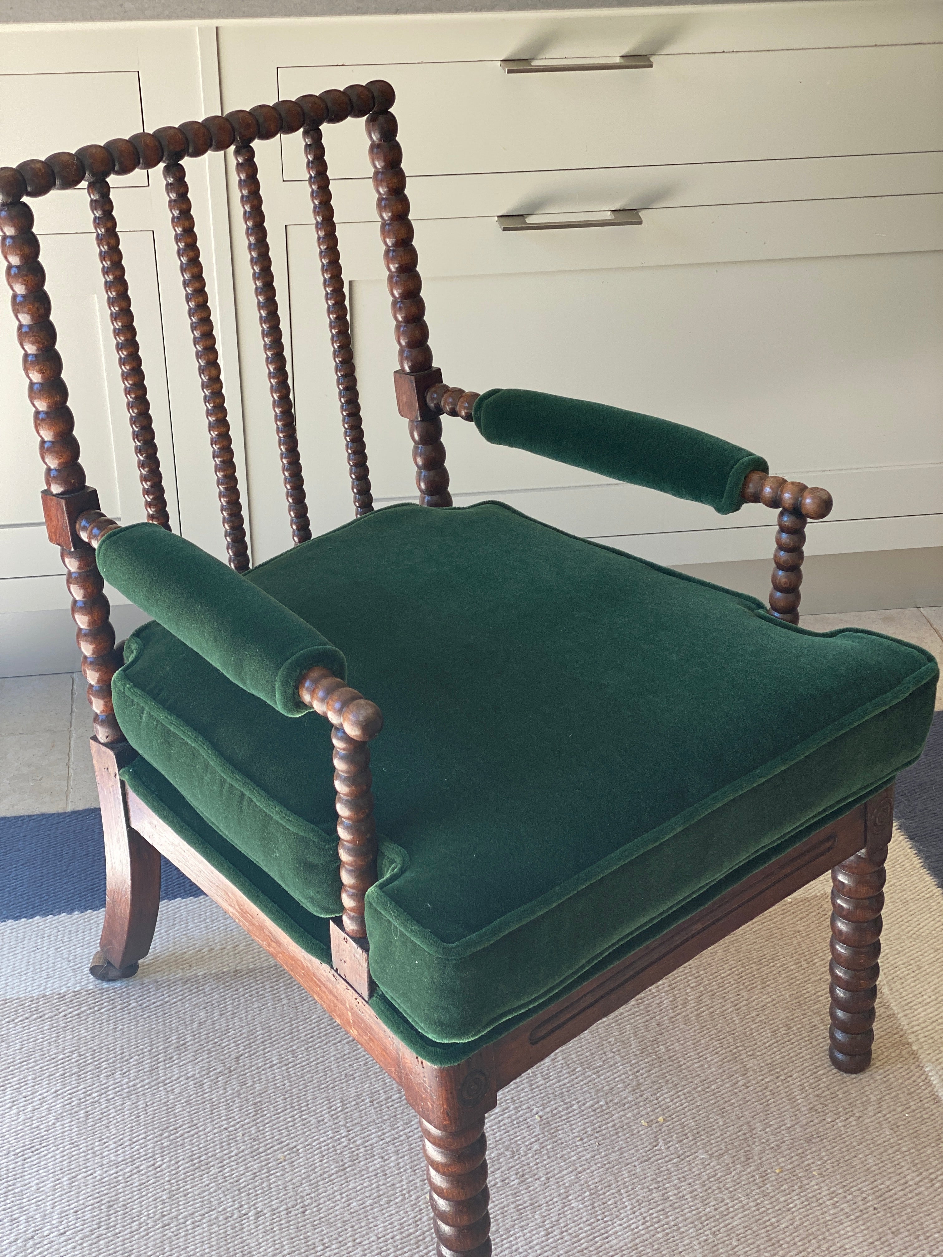SALE* Bobbin Turned Armchair upholstered in RU Green Mohair Velvet