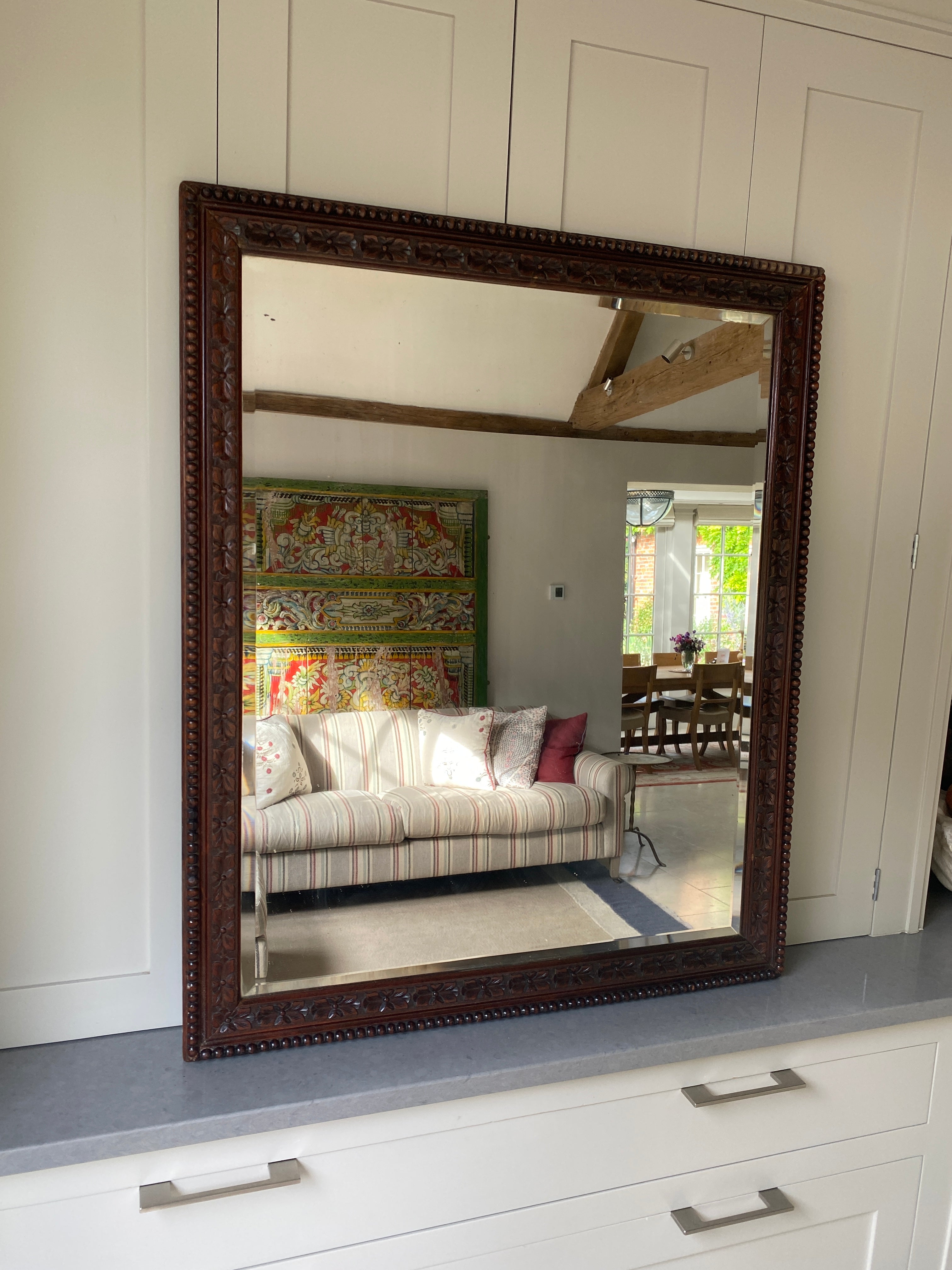 Large Carved Wood Mirror with Bevelled Plate