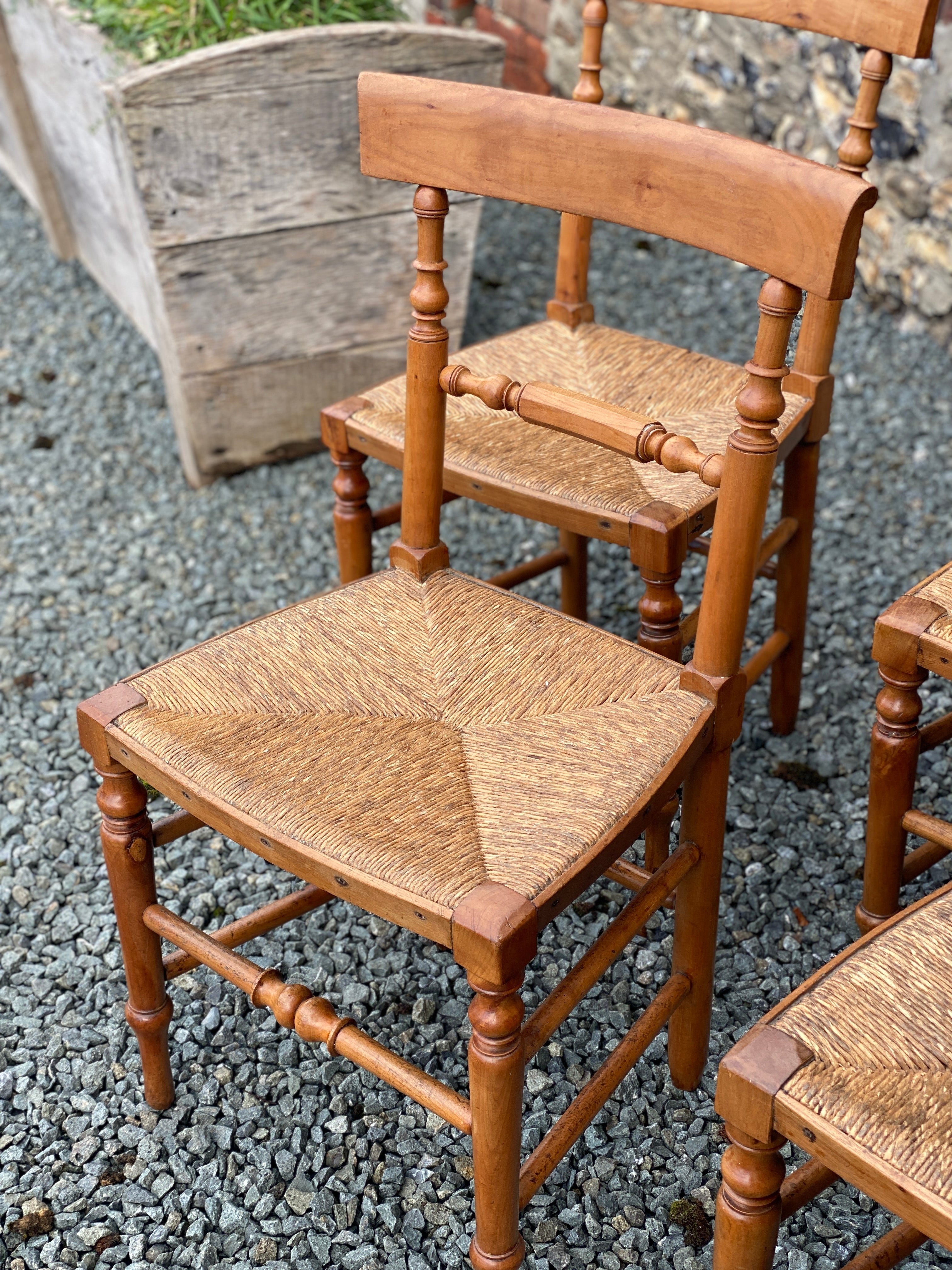 Charming Set of 4 Fruitwood and Rush Seat Chairs