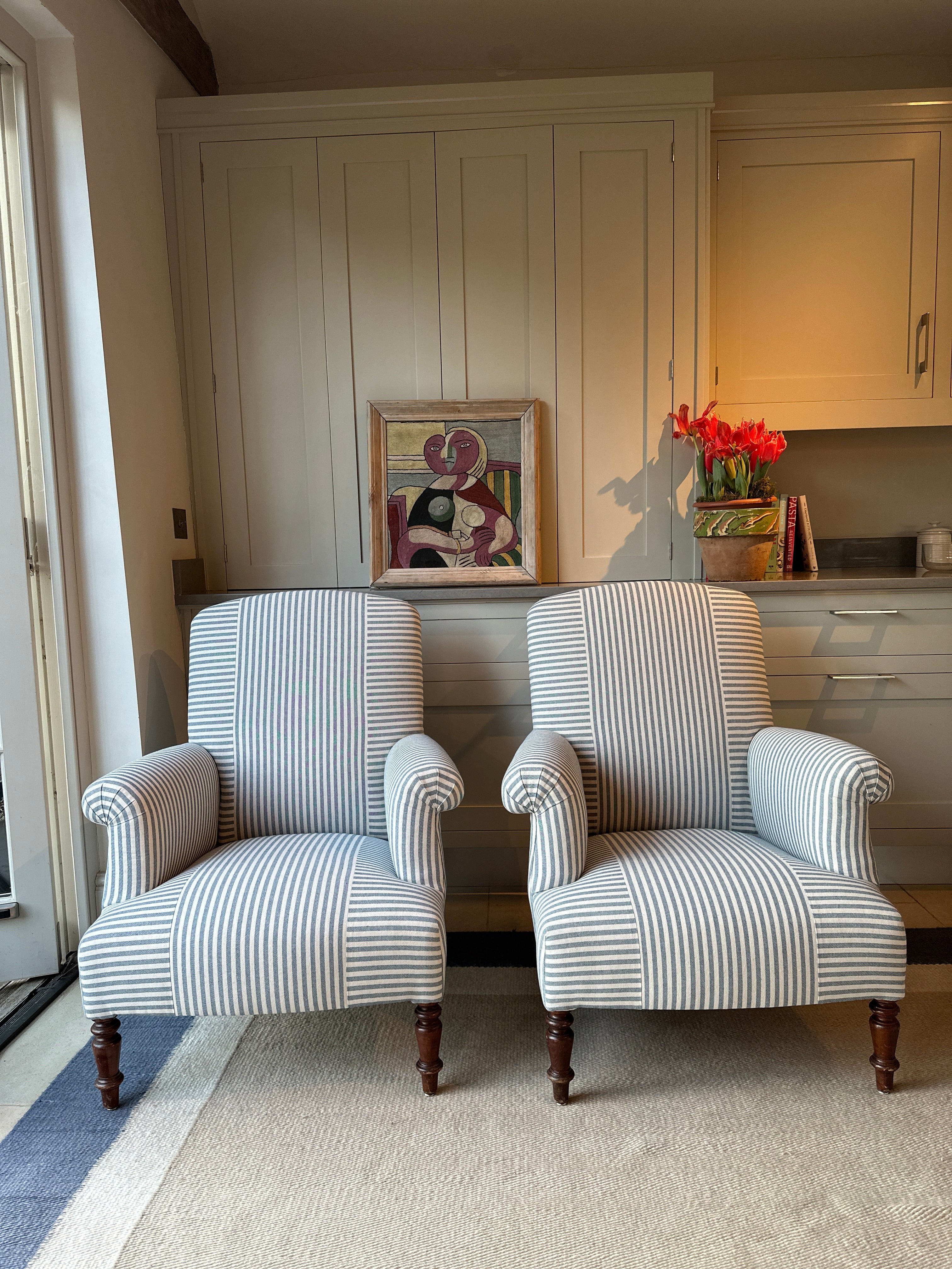 Single Napoleon 3 Square Back Chair in Blue & White Ticking