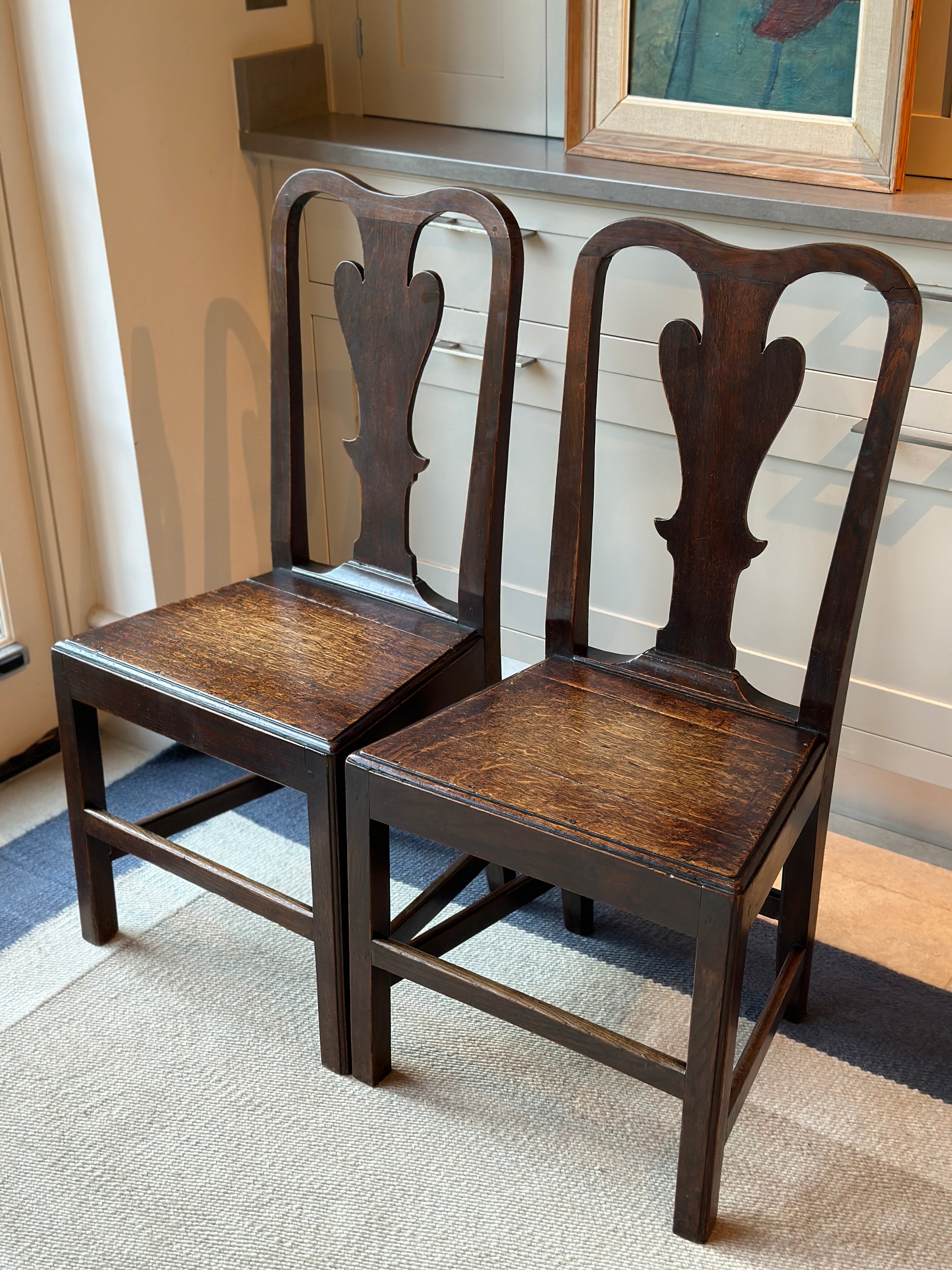 Pair of Early 19th C Oak Chairs with Charming Backs