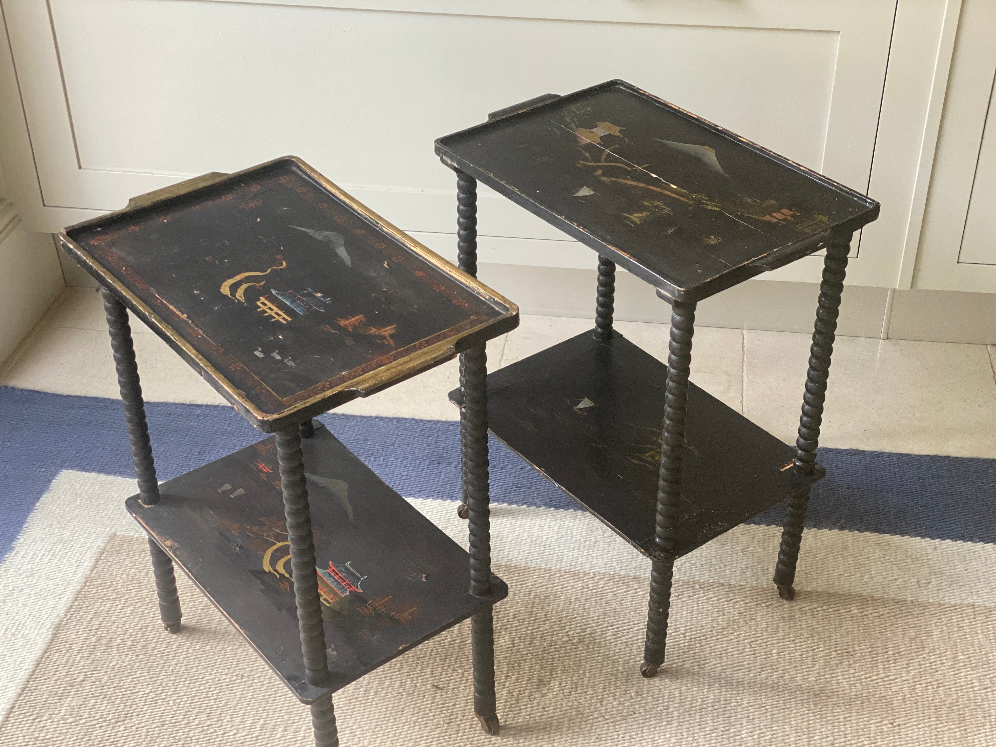 Pair of Black Painted Bobbin Trolleys