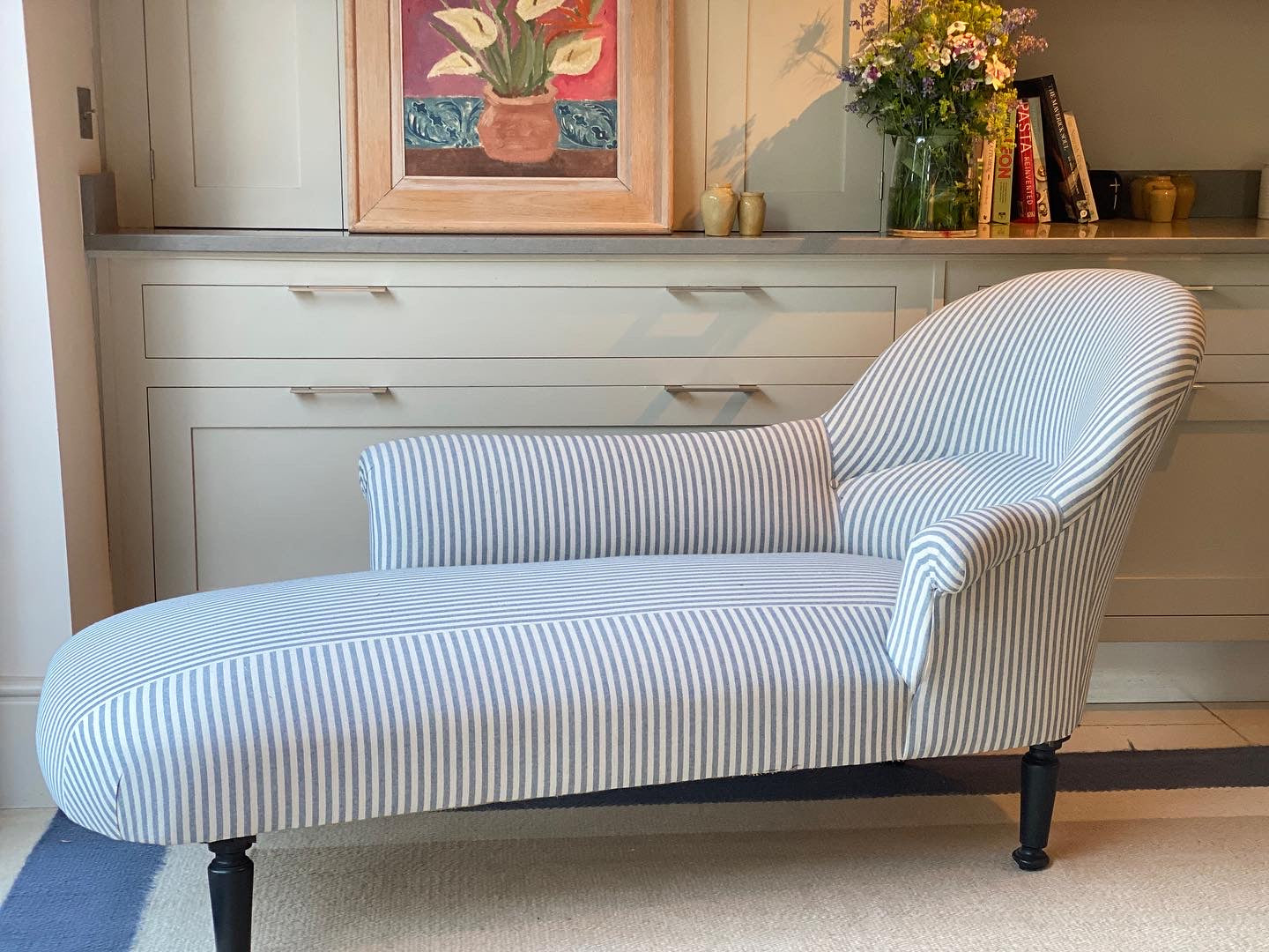 Long Chaise in Blue &  White Ticking