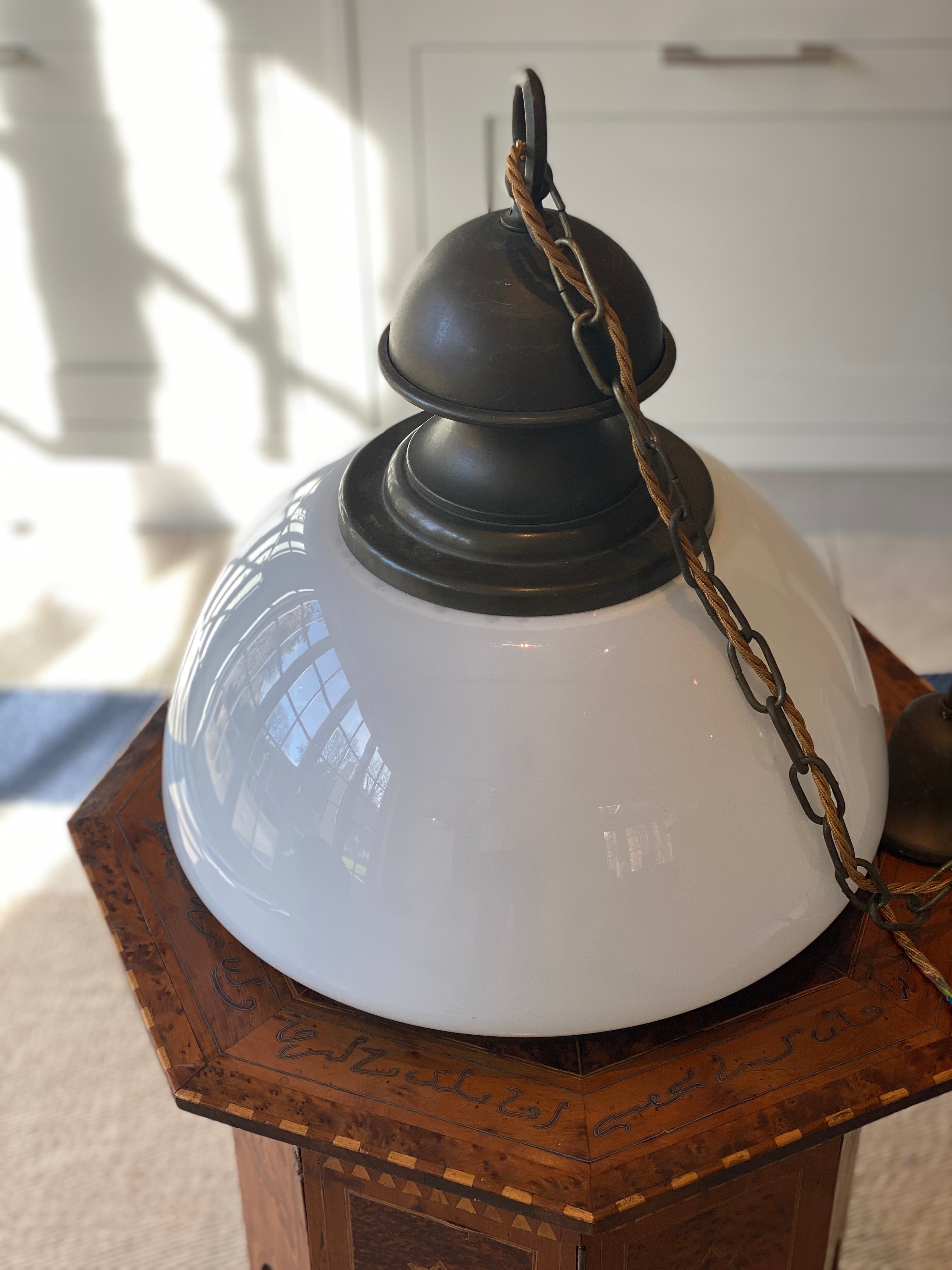 Large Mid 20th Century Opaline Glass and brass pendant light