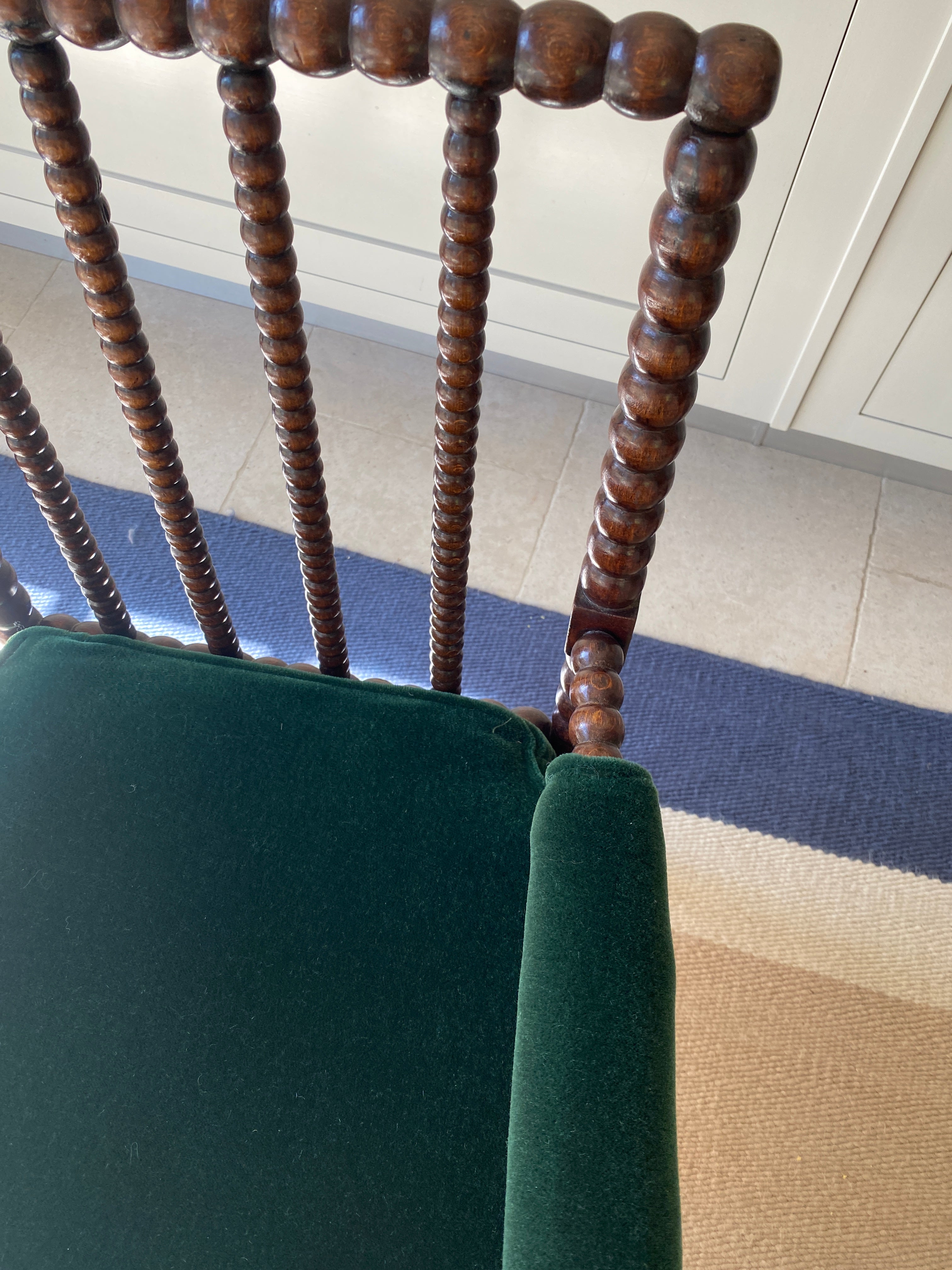 SALE* Bobbin Turned Armchair upholstered in RU Green Mohair Velvet