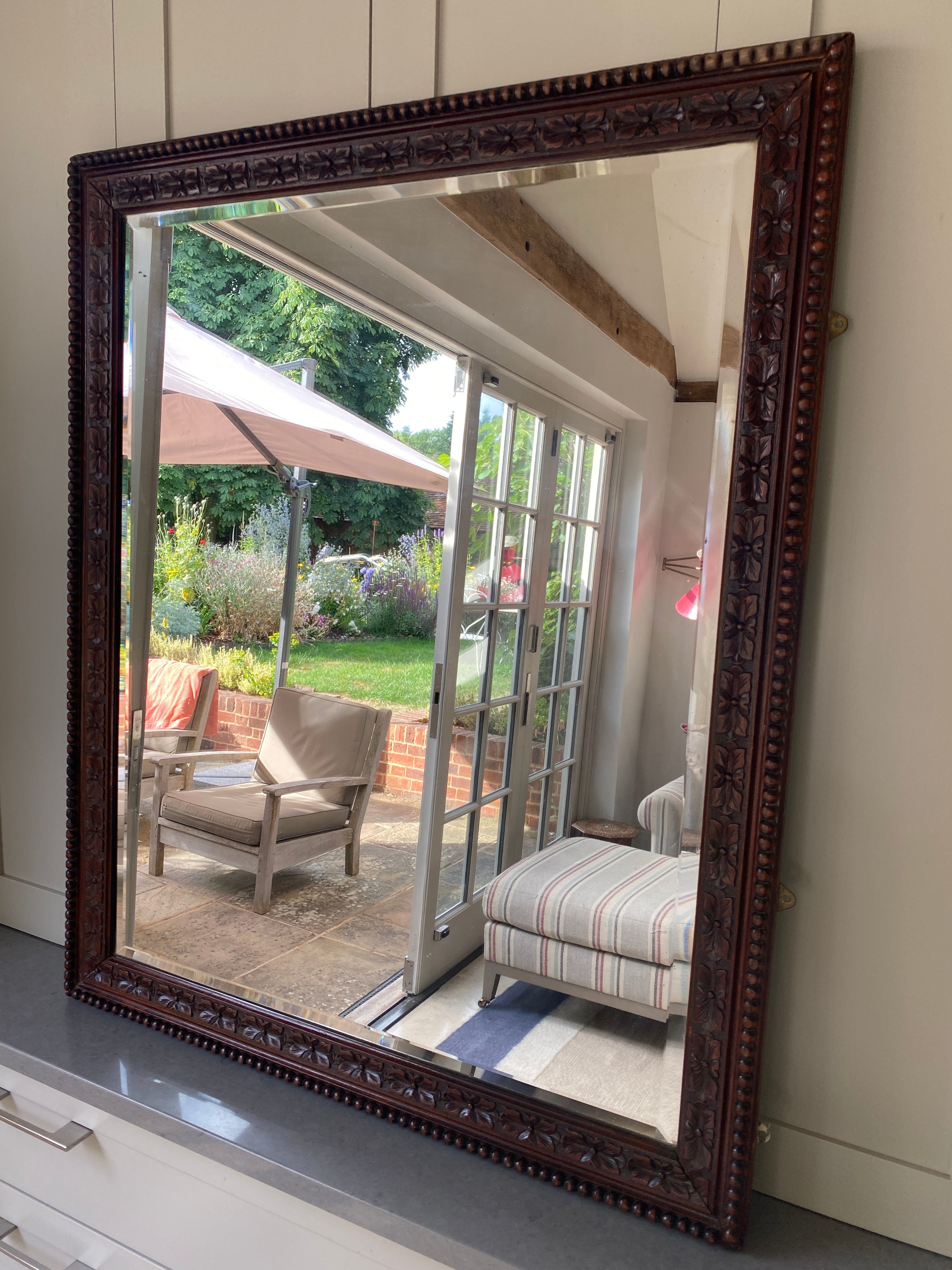 Large Carved Wood Mirror with Bevelled Plate