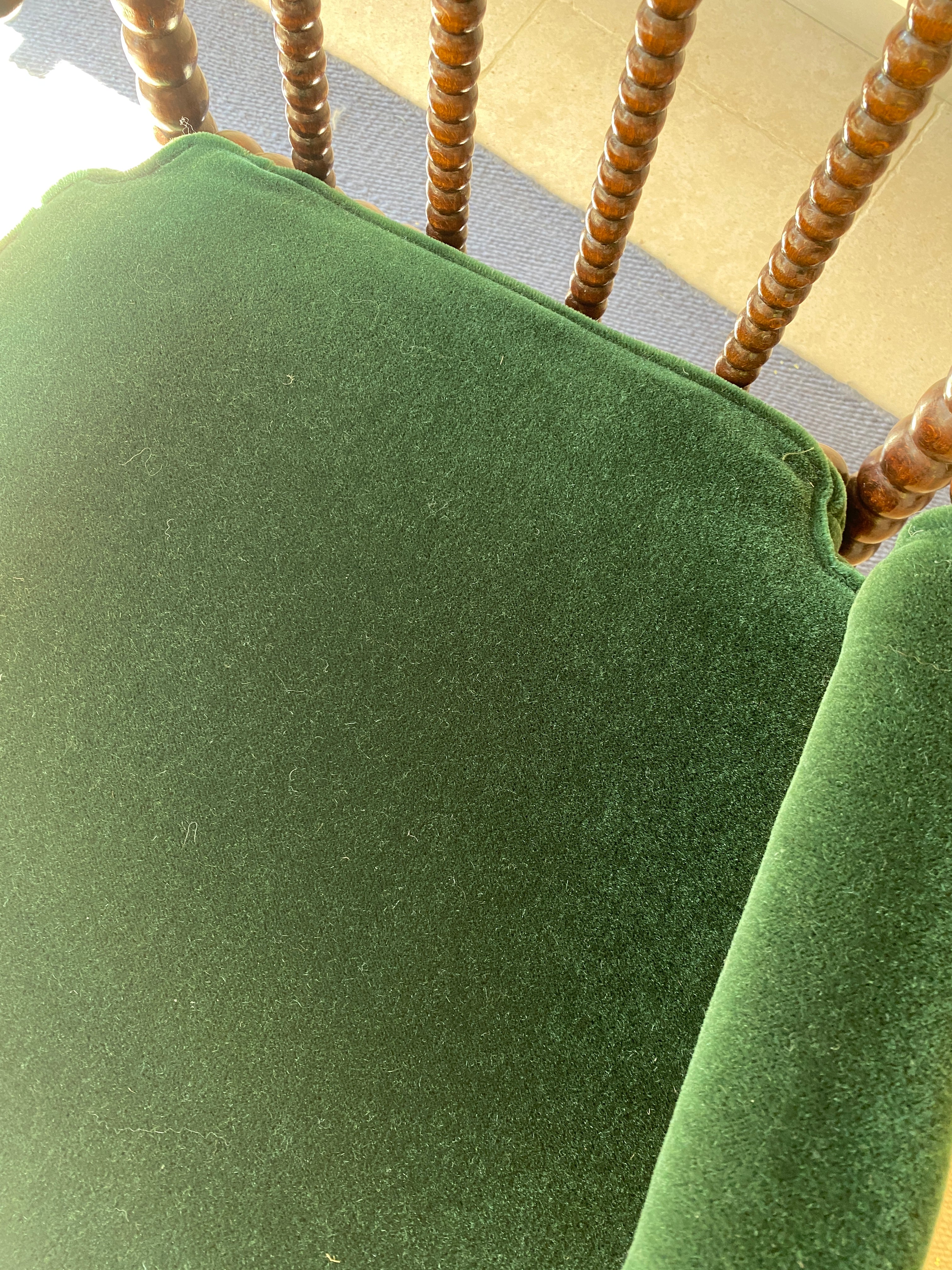 SALE* Bobbin Turned Armchair upholstered in RU Green Mohair Velvet
