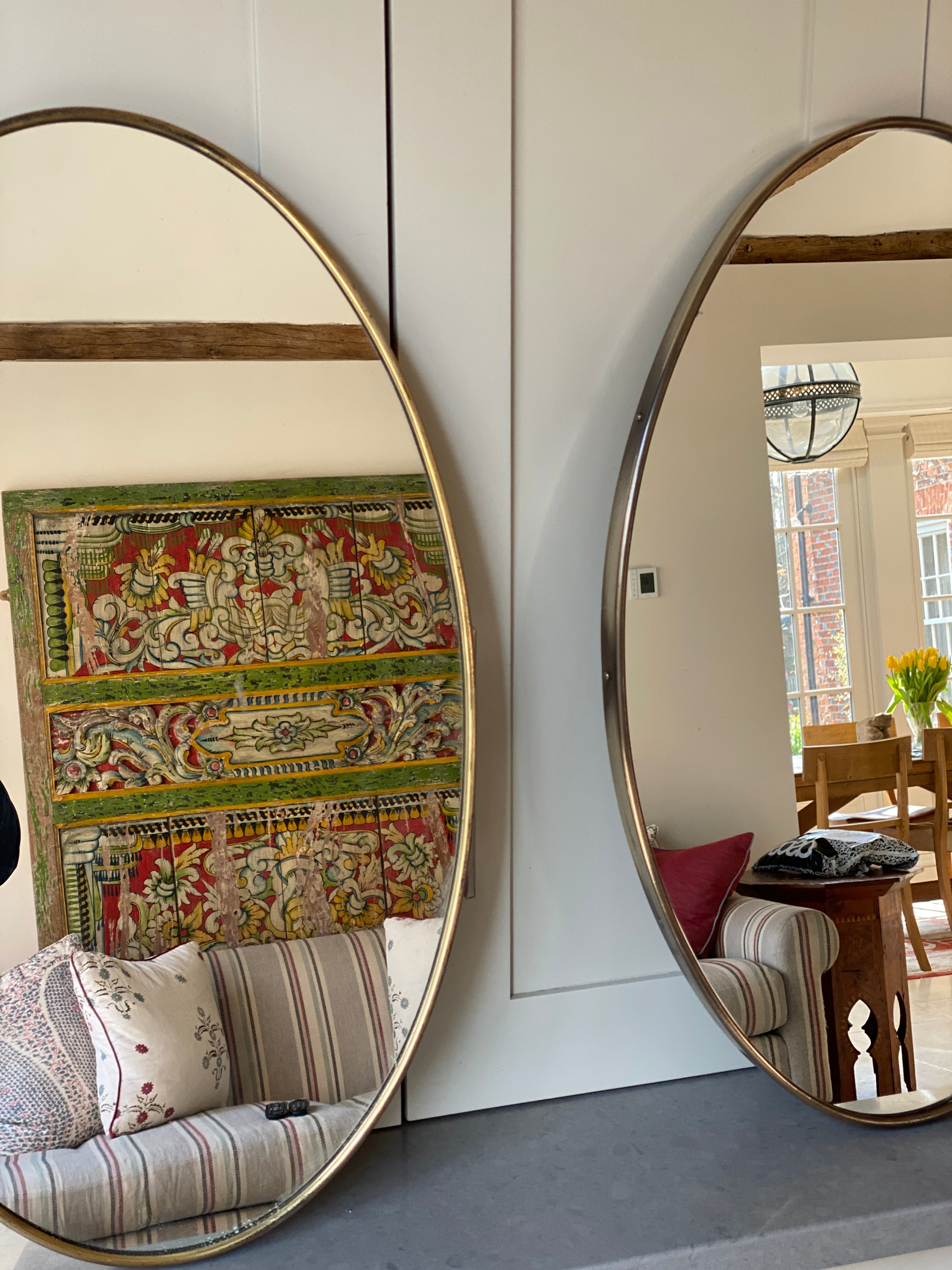 Lovely Mid-Century Pair of Oval Brass Mirrors