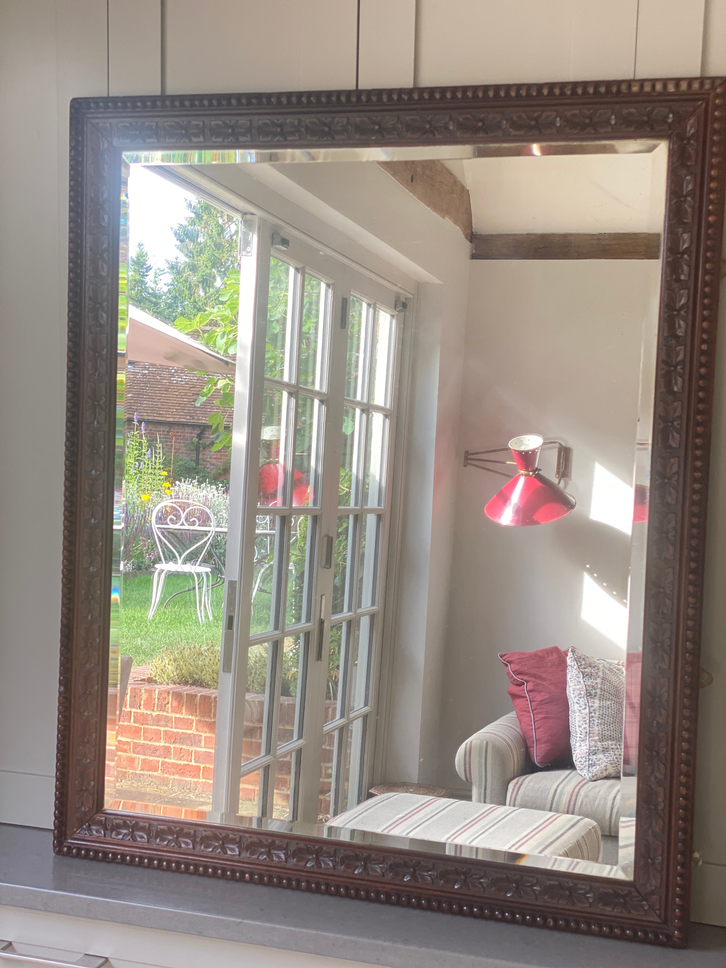 Large Carved Wood Mirror with Bevelled Plate