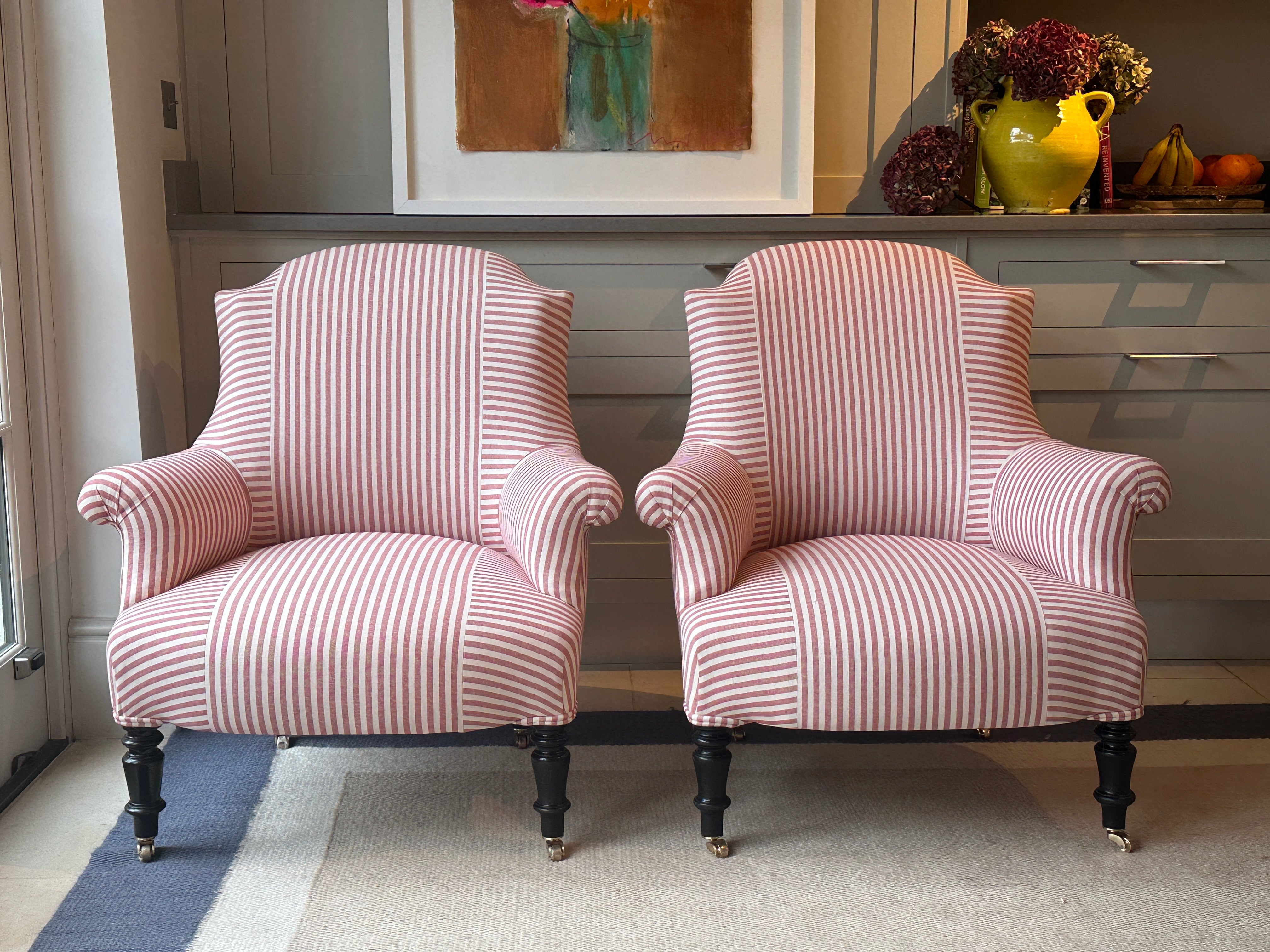 Pair of French Tub Chair in Red & White Ticking