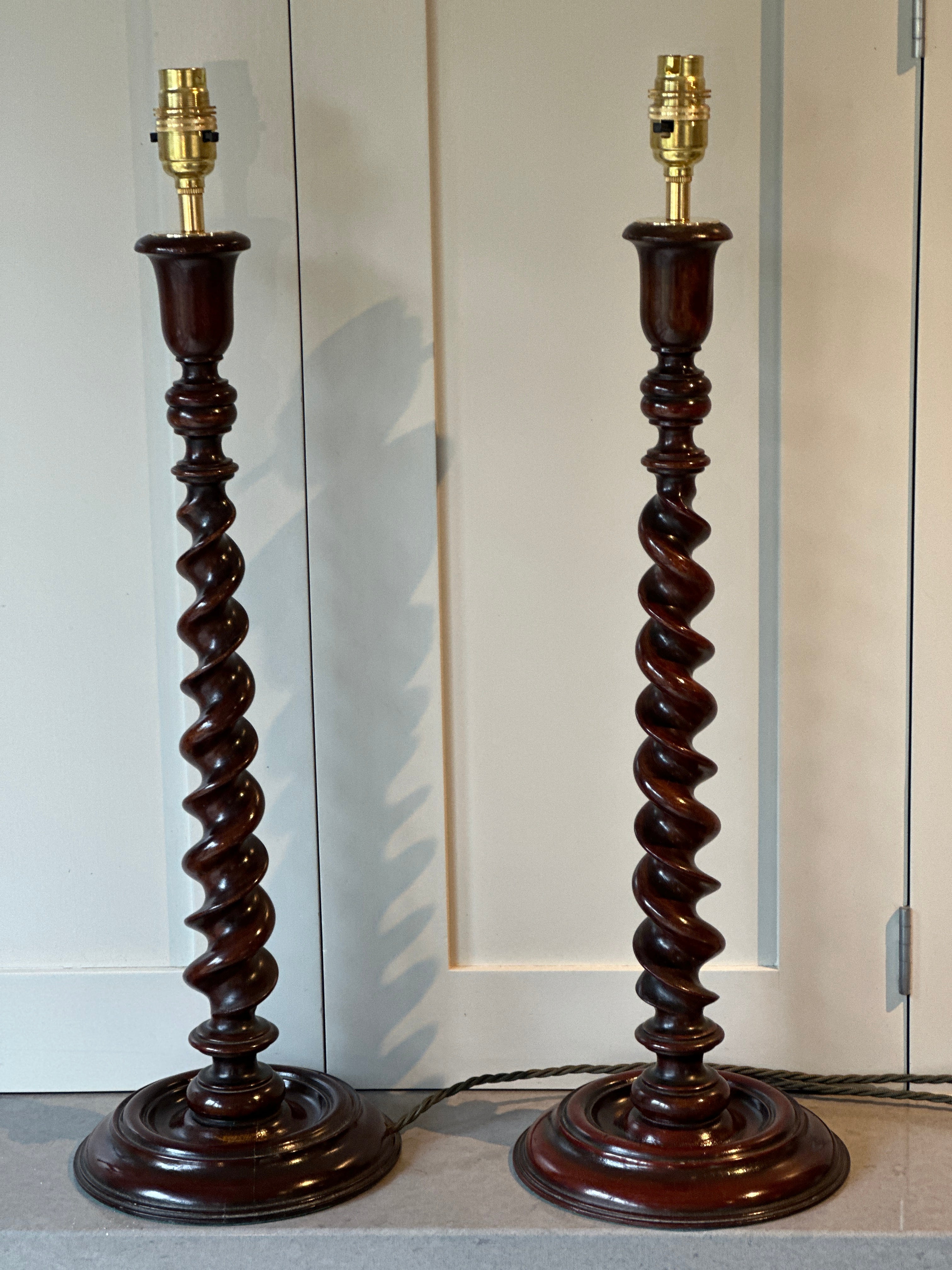 Pair of Tall Elegant Mahogany Barley Twist Lamps