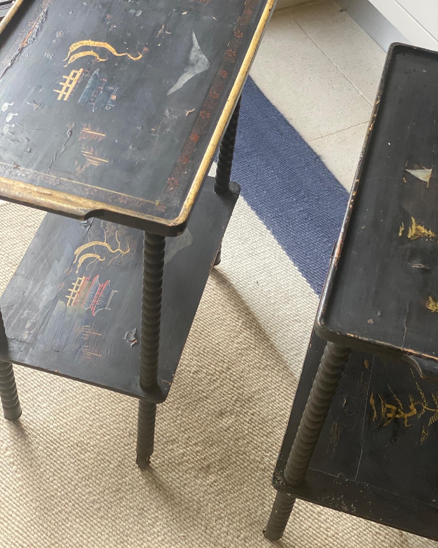 Pair of Black Painted Bobbin Trolleys