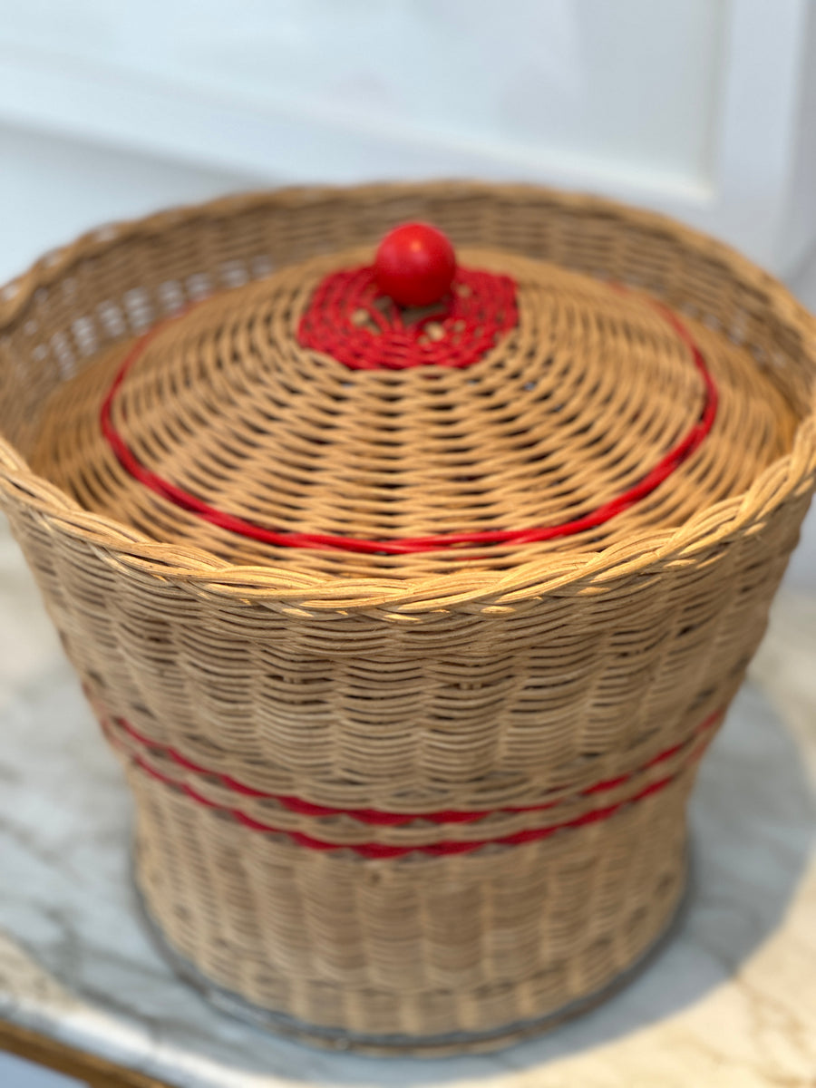 Vintage Sewing Basket With Red Satin Lining. Tufted Inside Lid With Pearls. buy Swing Side Handles. Woven Sisel Basket With Looped Top.