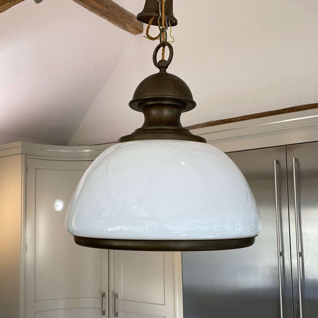 Large Mid 20th Century Opaline Glass and brass pendant light