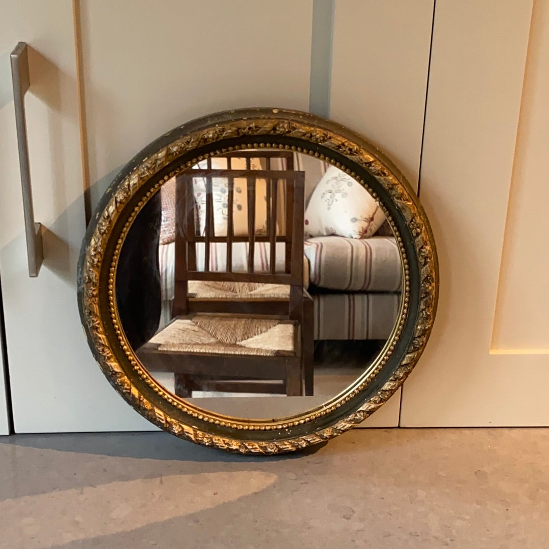 Small Round Antique Green & Gilt Mirror