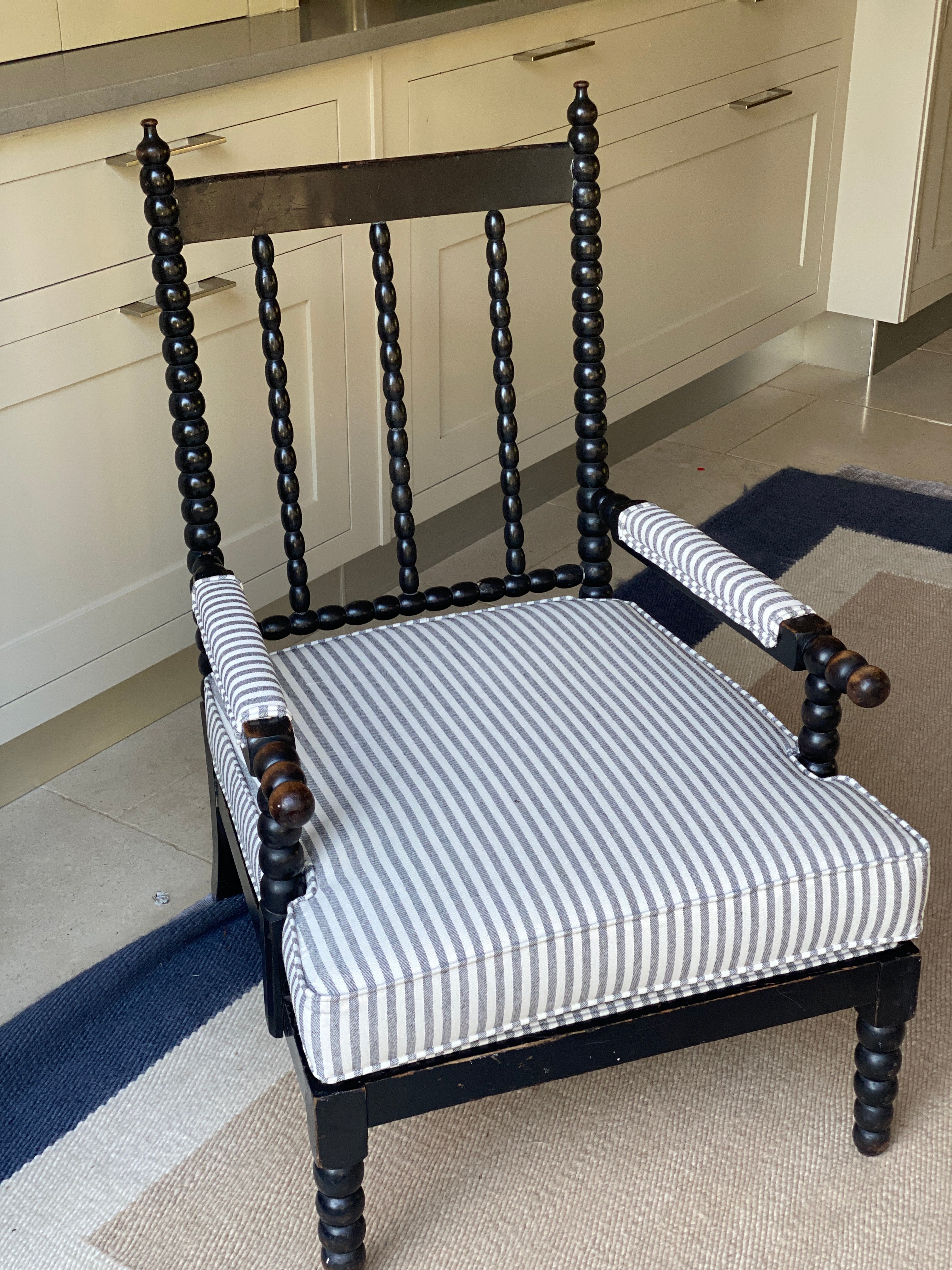 SALE * Ebonised Bobbin Armchair in black & white ticking